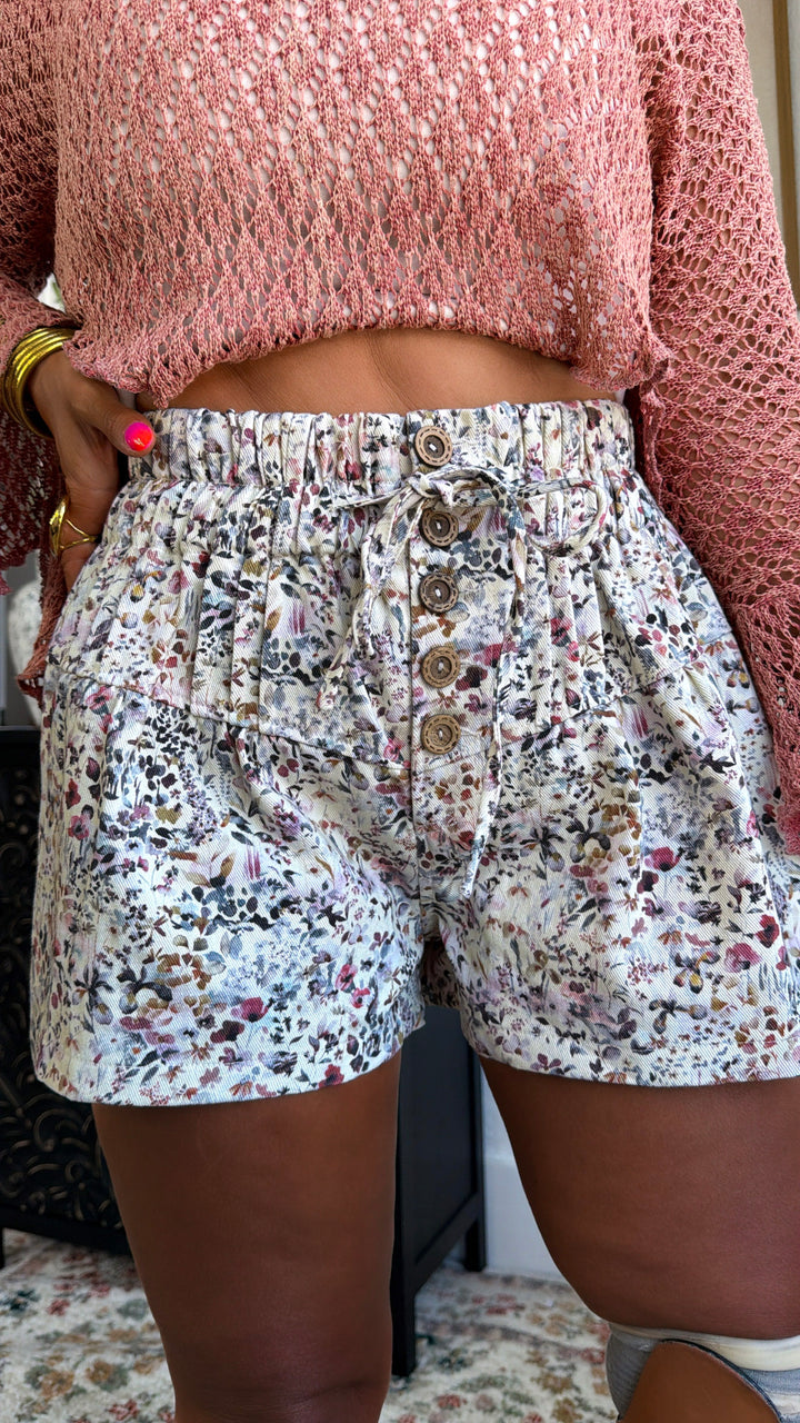 Washed Denim Button Shorts, Floral
