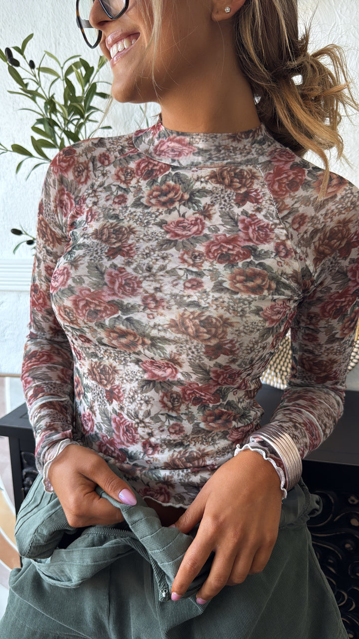 Cinder Rose Mesh Mock Neck Top, Cream