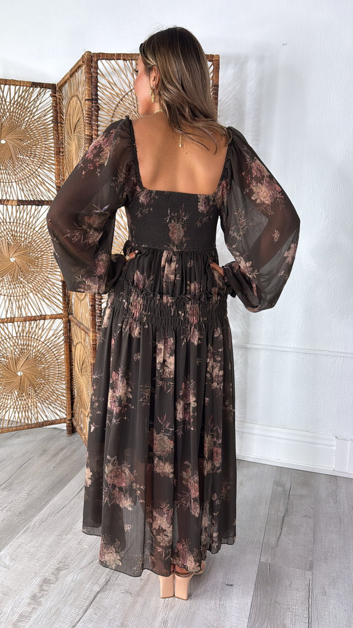 Dusty Bloom Midi Dress, Espresso