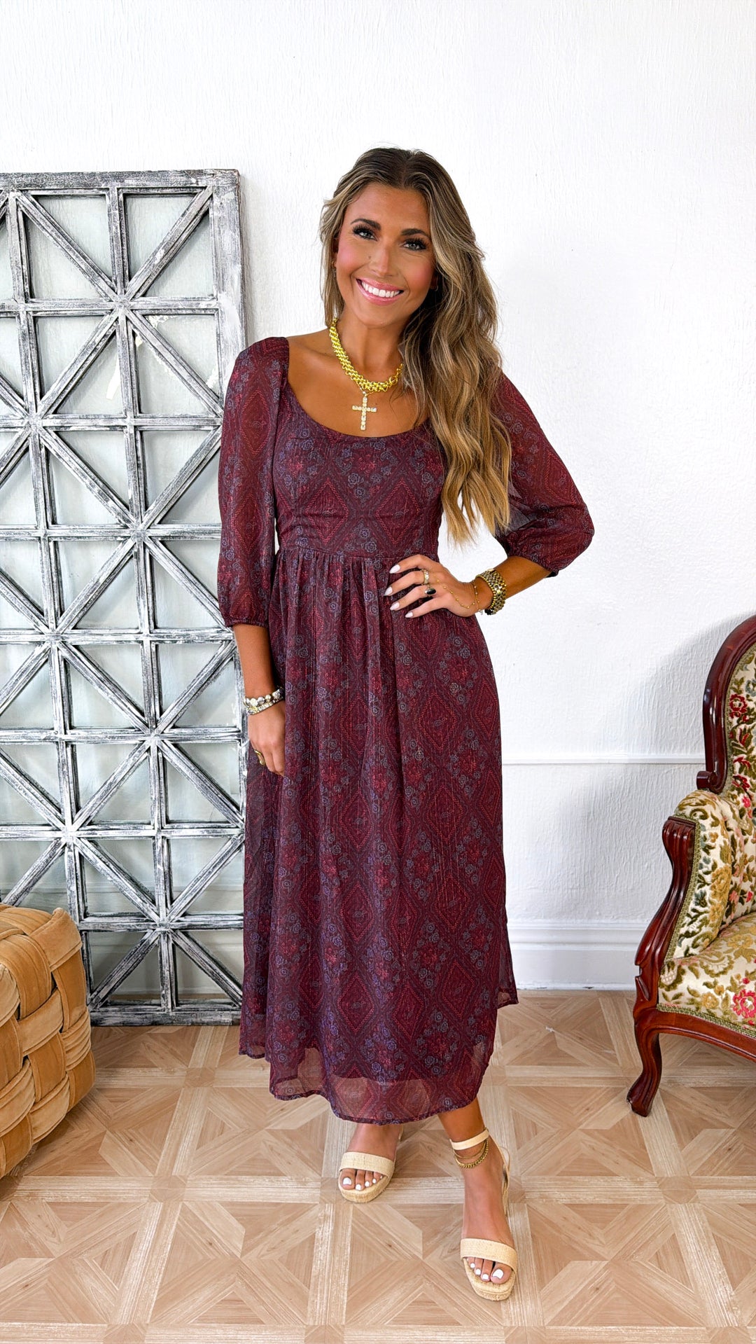 Button Front Midi Dress, Ivory/Rosewood