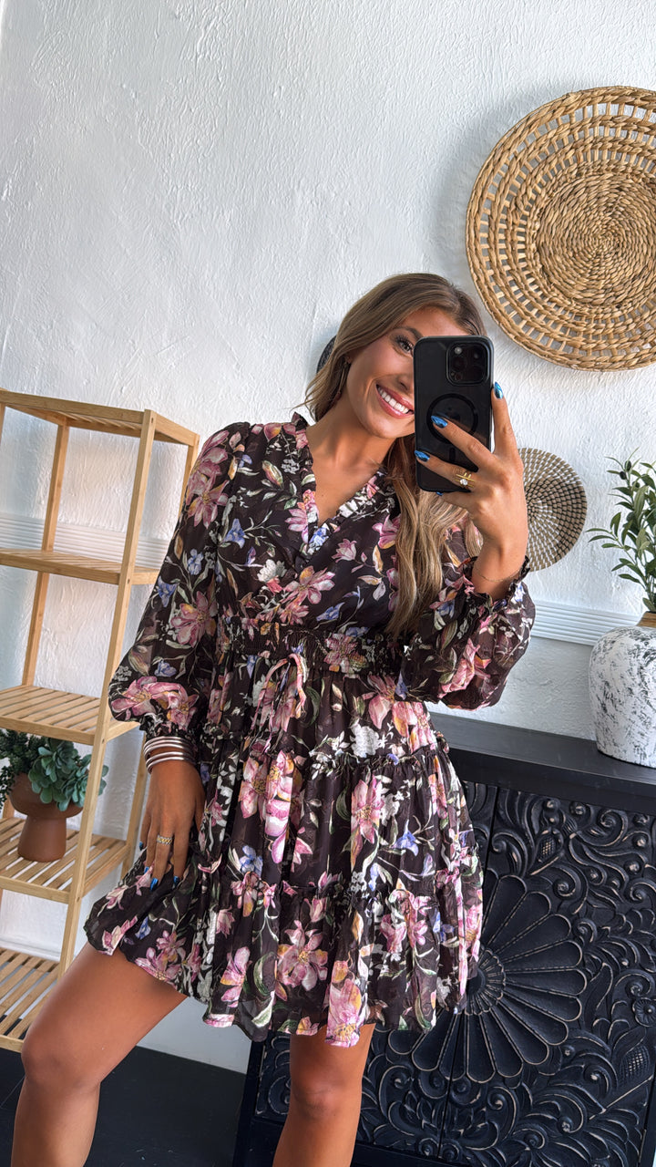 Midnight Flower Mini Dress, Chocolate Multi