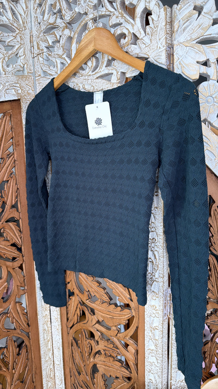 Lace Texture Square Neck Top, Forest Night