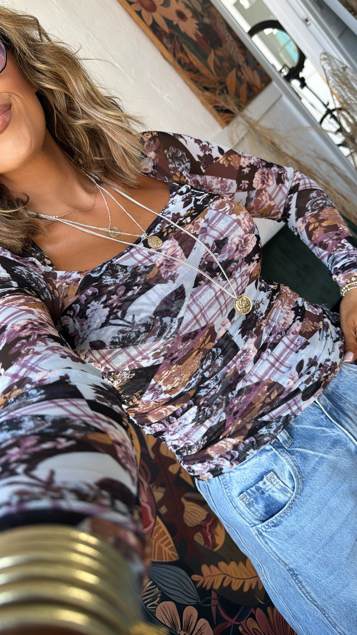 Faded Flora Mesh Top, Lt.Blue/Purple