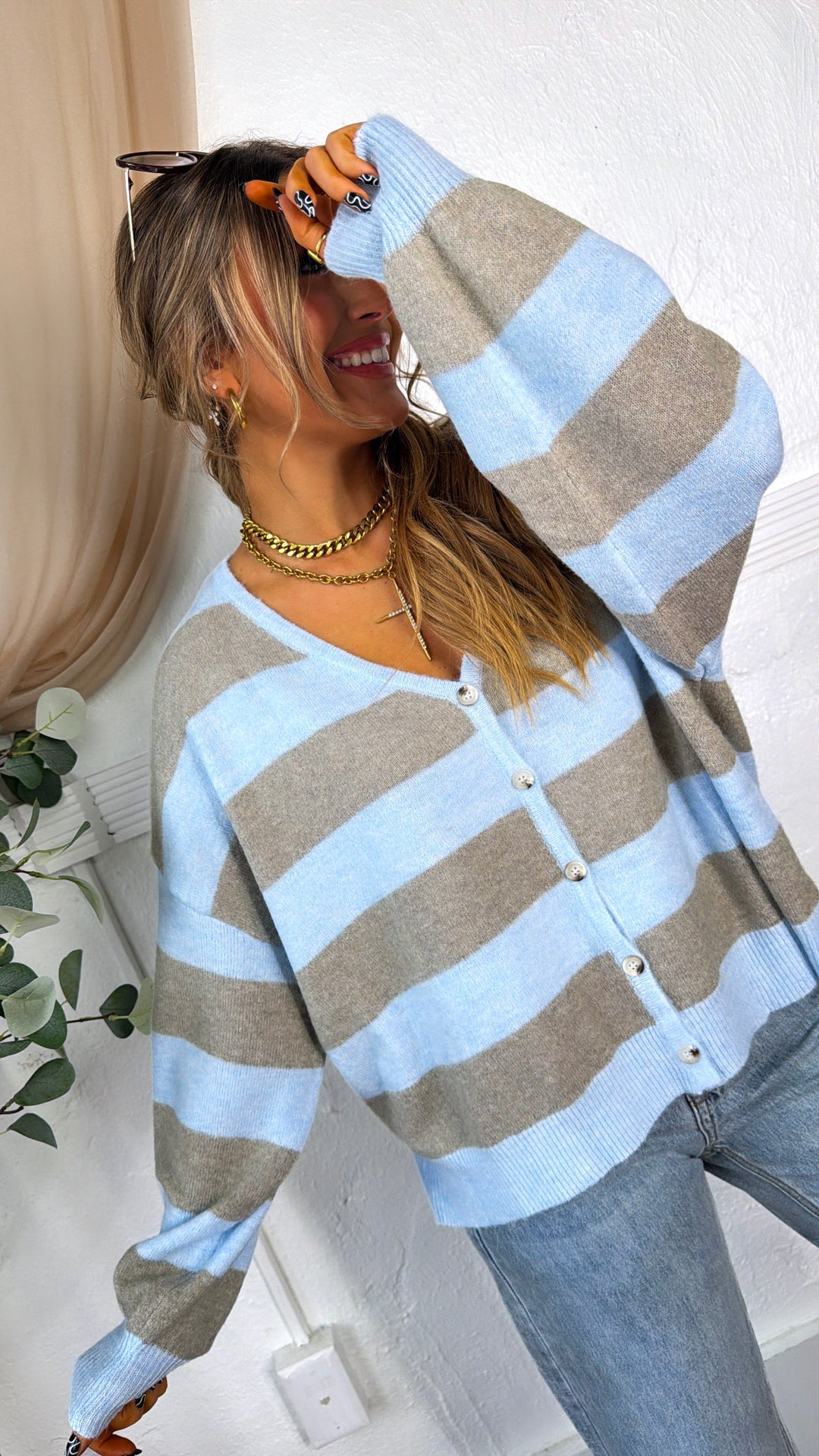 V-Neck Stripe Cardigan, Stone/Sky