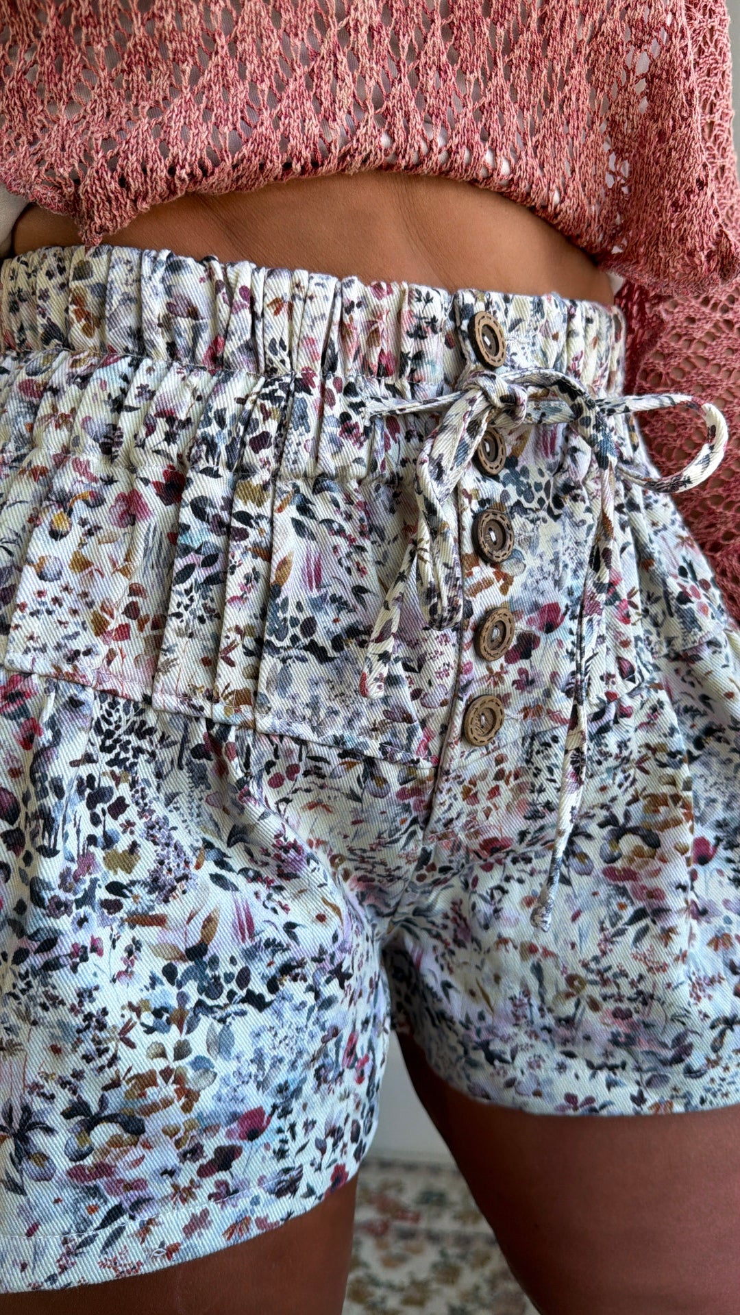 Washed Denim Button Shorts, Floral