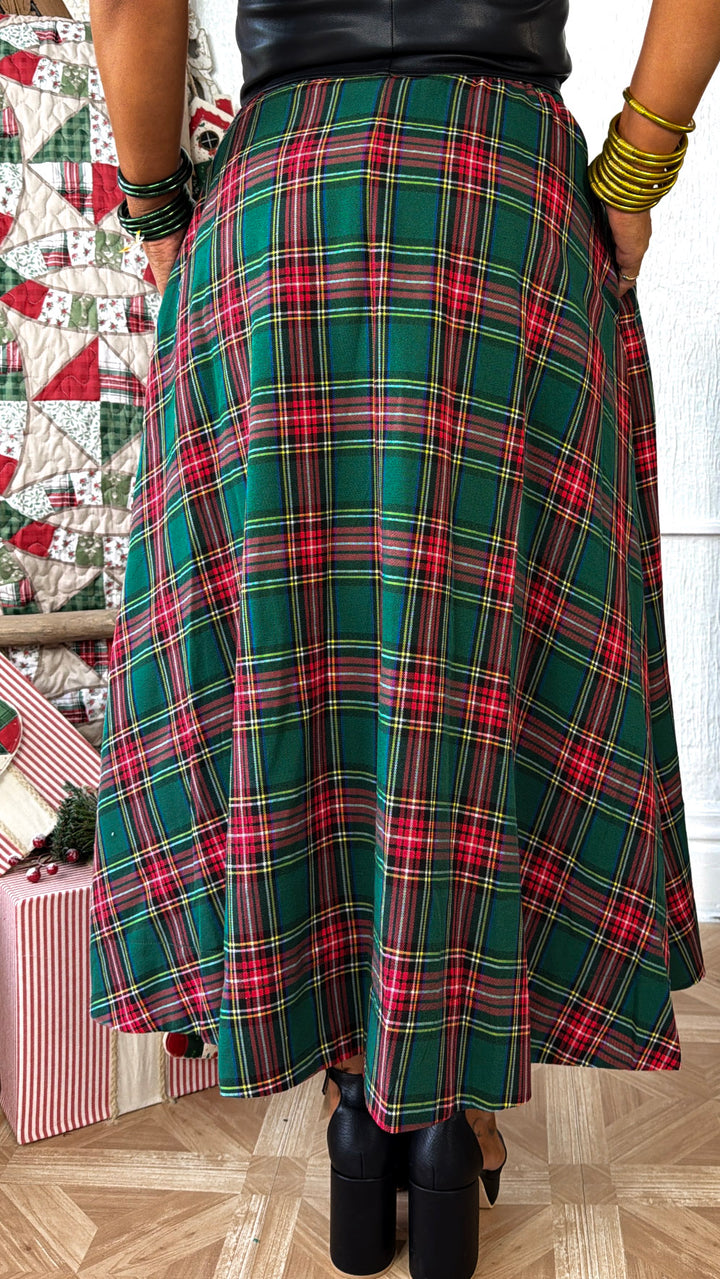 Holiday Plaid Midi Skirt, Green