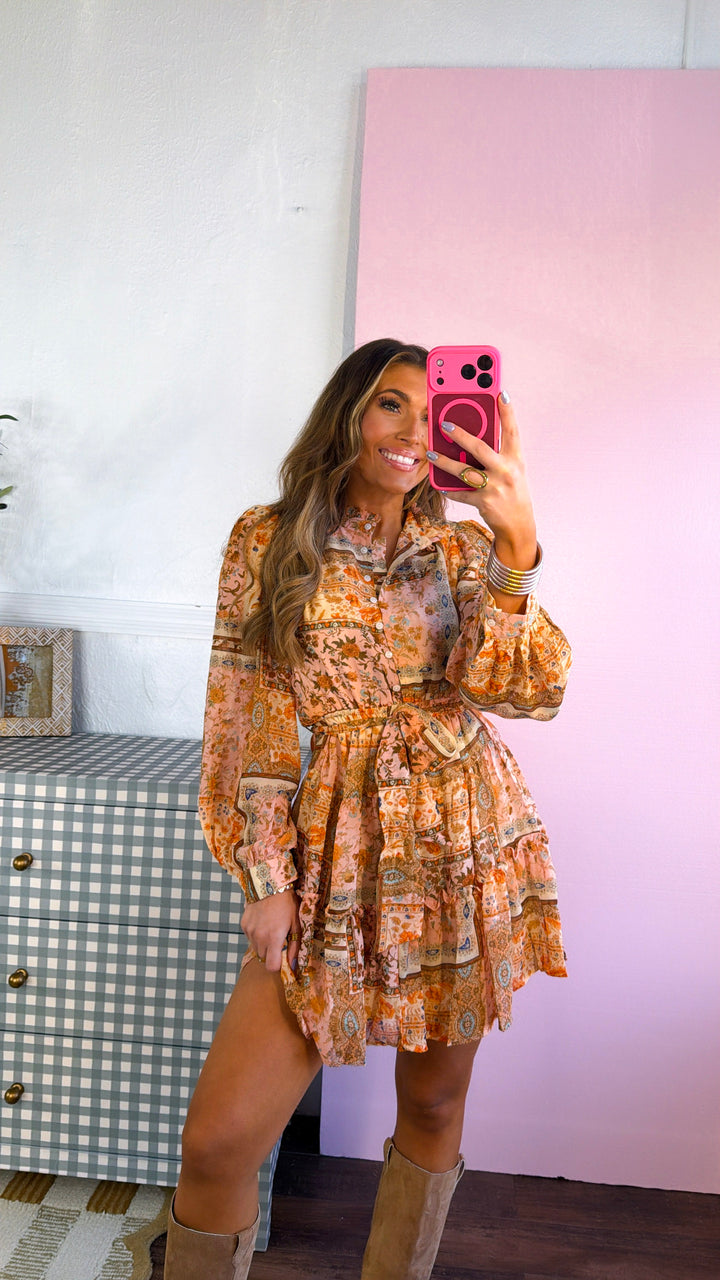 Daydream Patchwork Long Sleeve Mini Dress, Pink