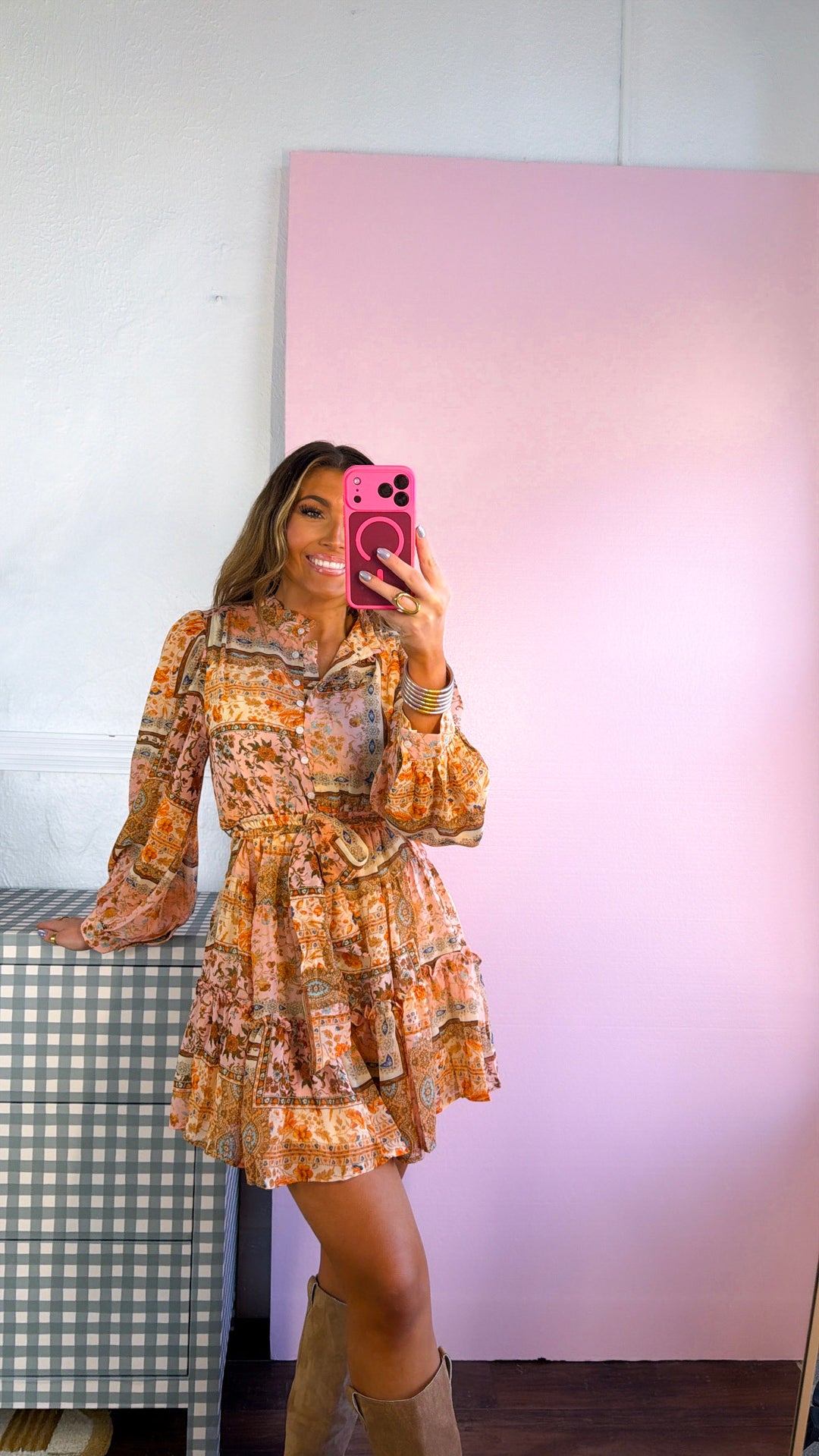 Daydream Patchwork Long Sleeve Mini Dress, Pink