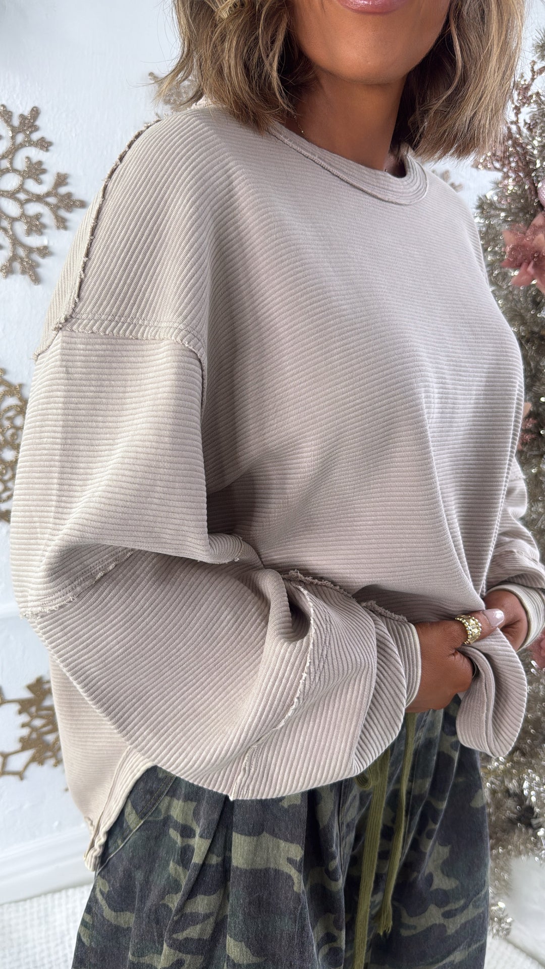 DOORBUSTER: Acid Washed Ribbed Cropped Pullover, Ash Mocha