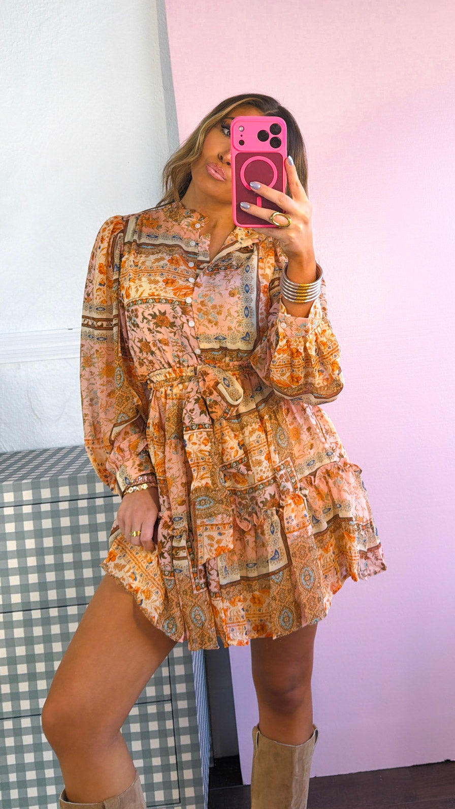 Daydream Patchwork Long Sleeve Mini Dress, Pink
