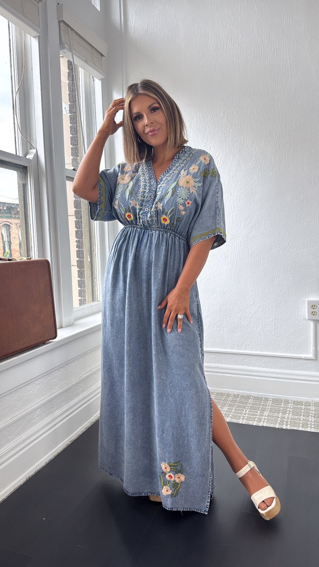 Chambray Stitch & Bloom Embroidered Maxi Dress, Denim Everyday Chic Boutique Chambray Stitch & Bloom Embroidered Maxi Dress, Denim Everyday Chic Boutique