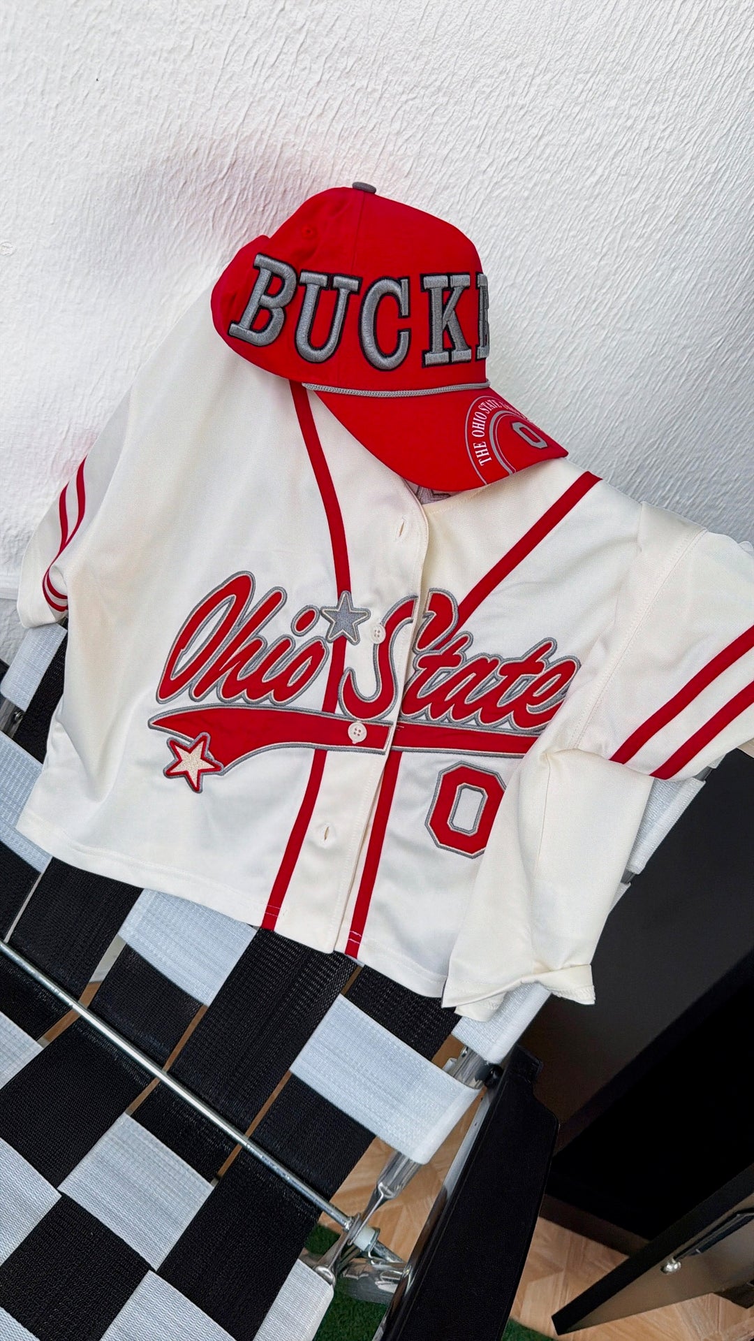 Ohio State Button Up Baseball Jersey Shirt, Red/Ivory