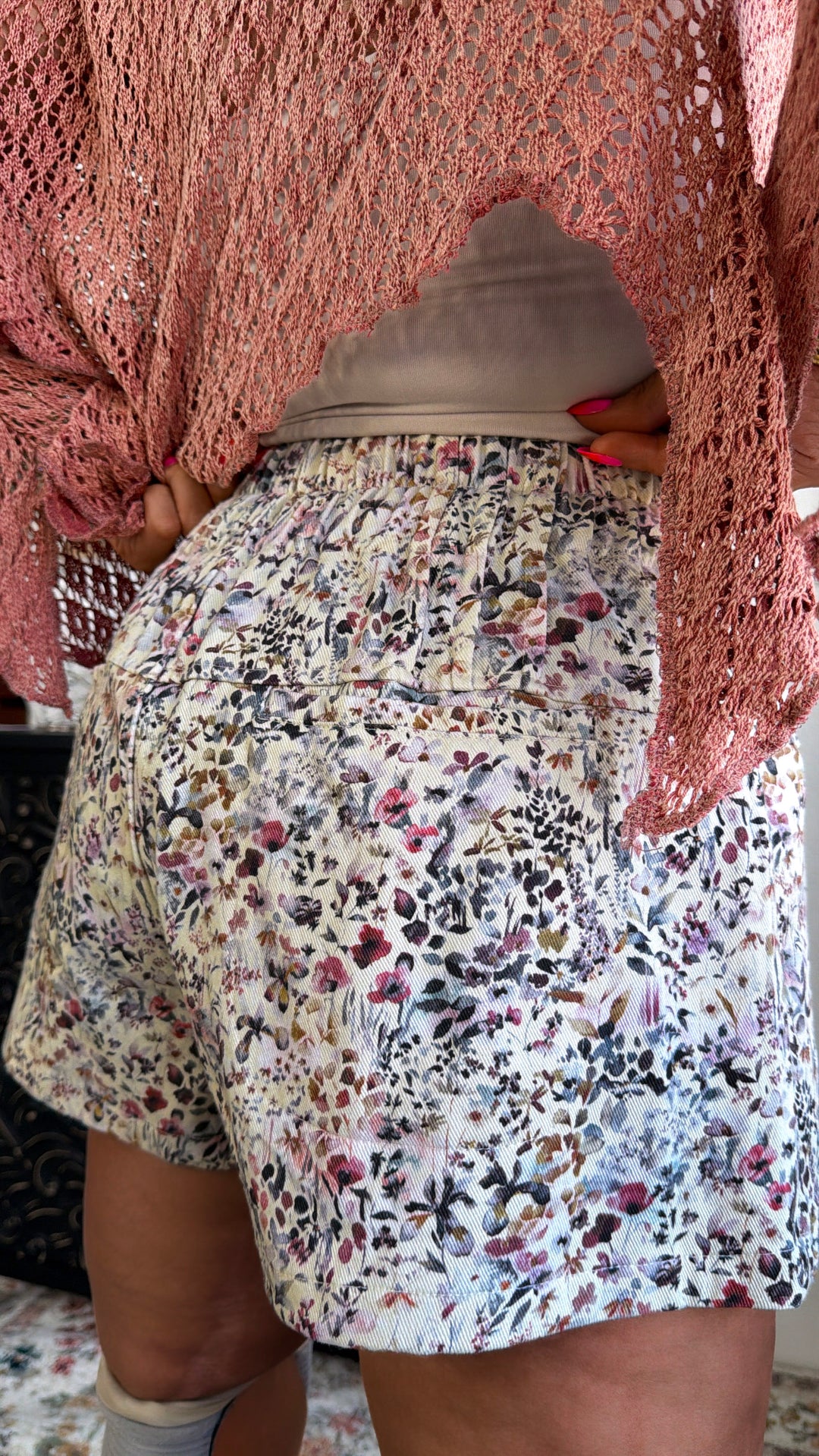 Washed Denim Button Shorts, Floral