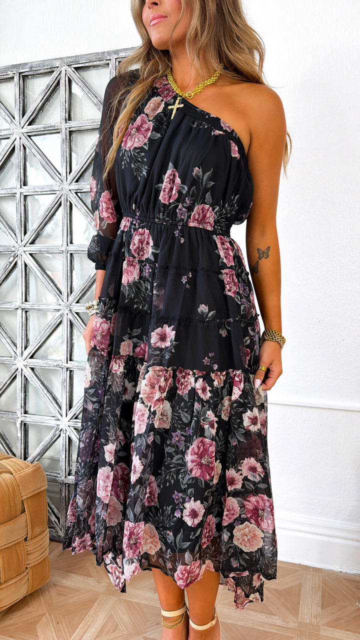 One Shoulder Floral Dress, Black/Rose