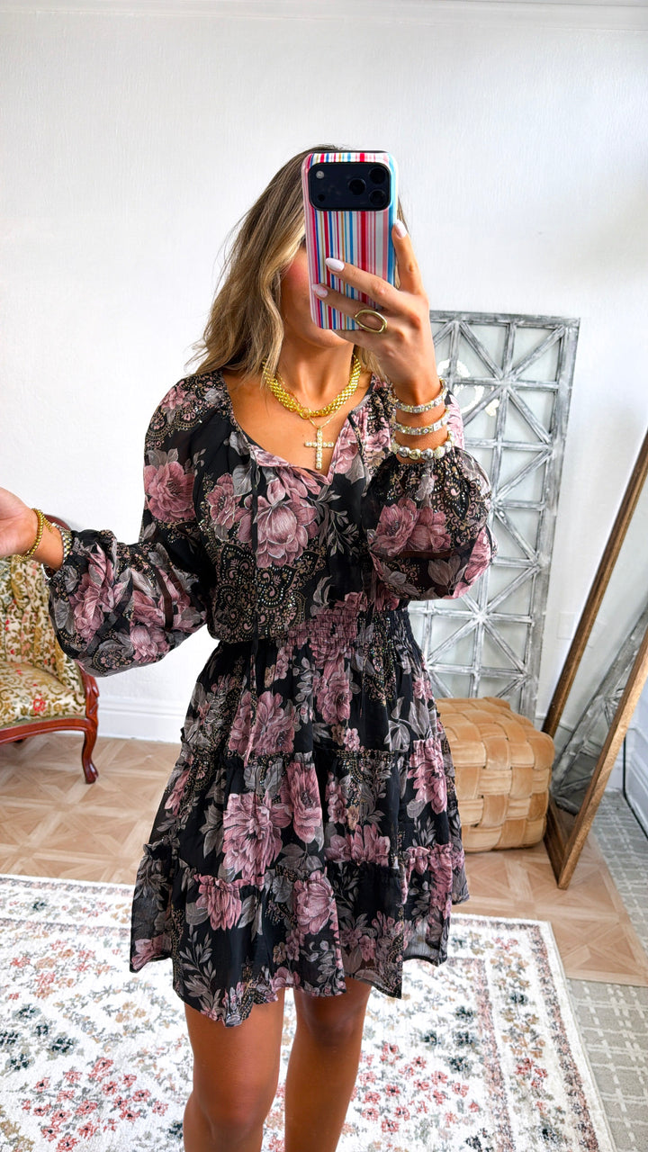 Pretty Floral Mini Dress, Black/Dusty Rose