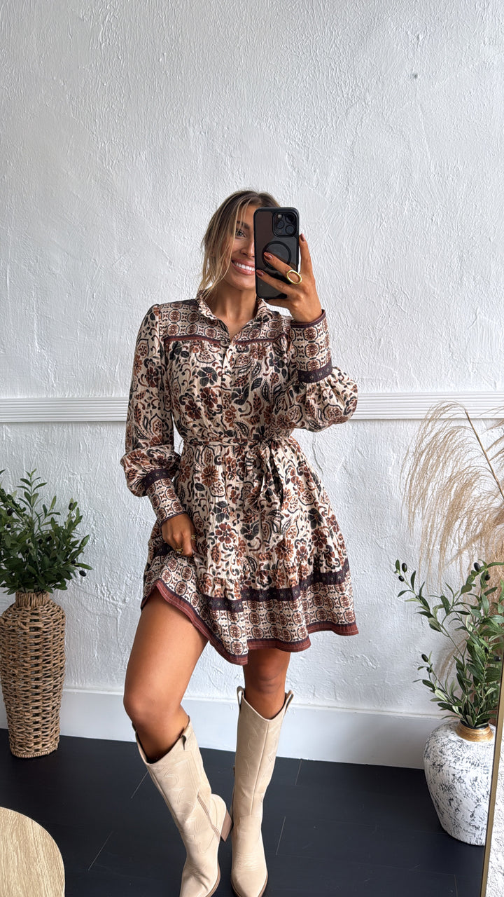 Bluewood Bloom Mini Dress, Cream/Brown