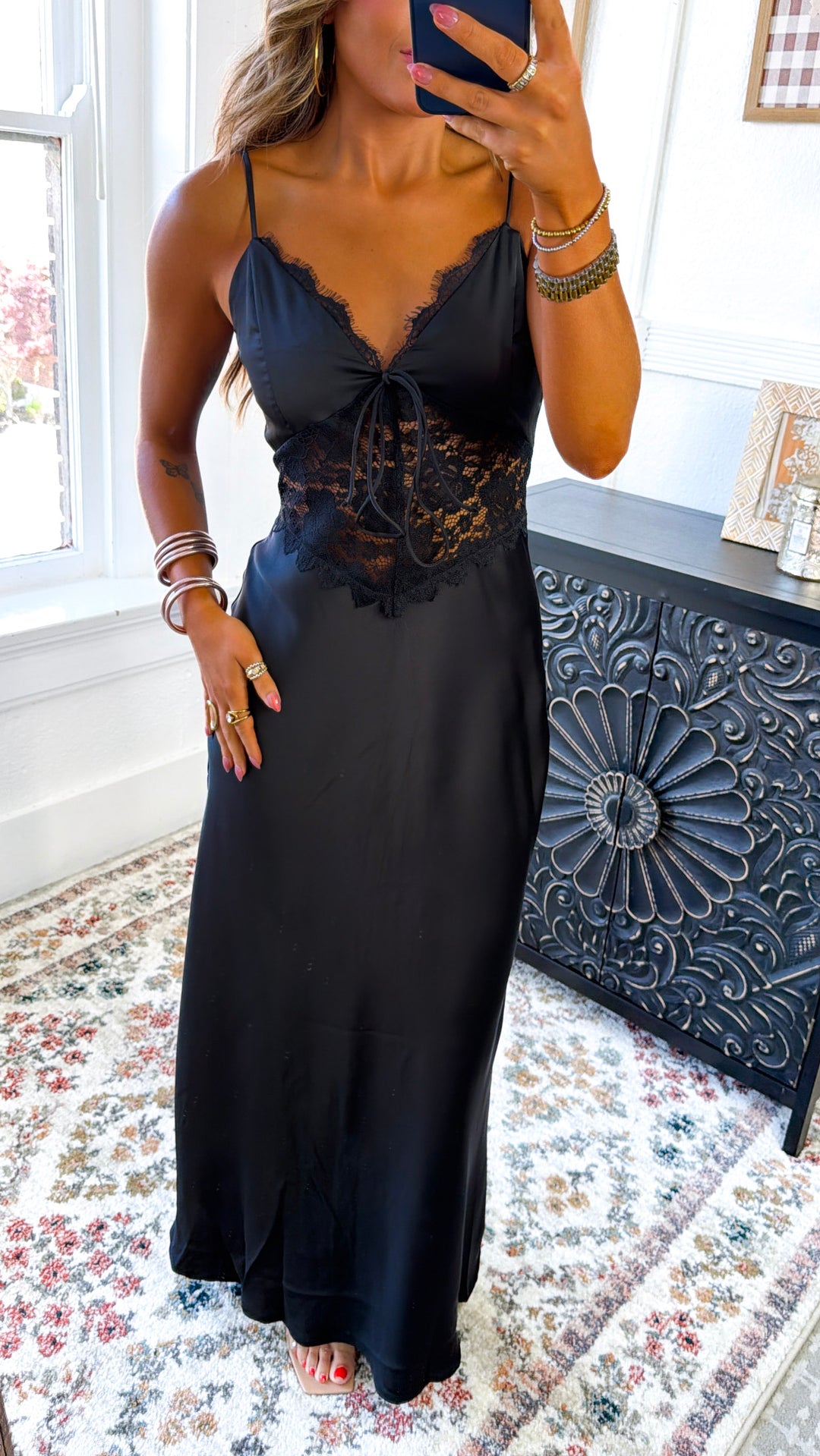 Zevrea Satin Lace Dress, Black