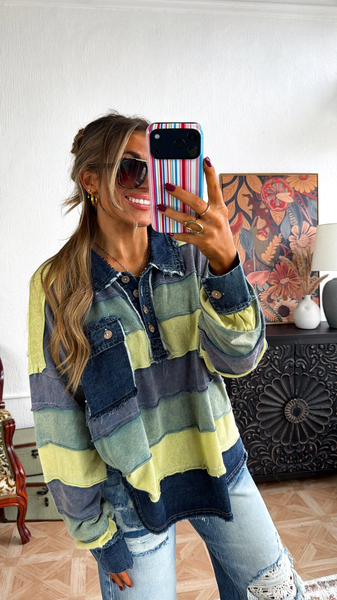 Breezy Nights Denim Stripe Top, Green Combo