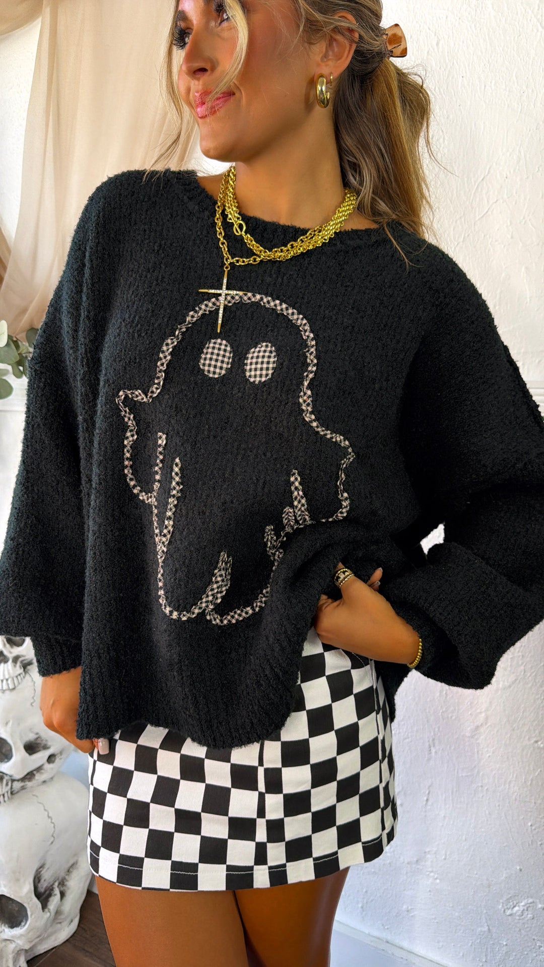 Ghostly Gingham Sweater, Black