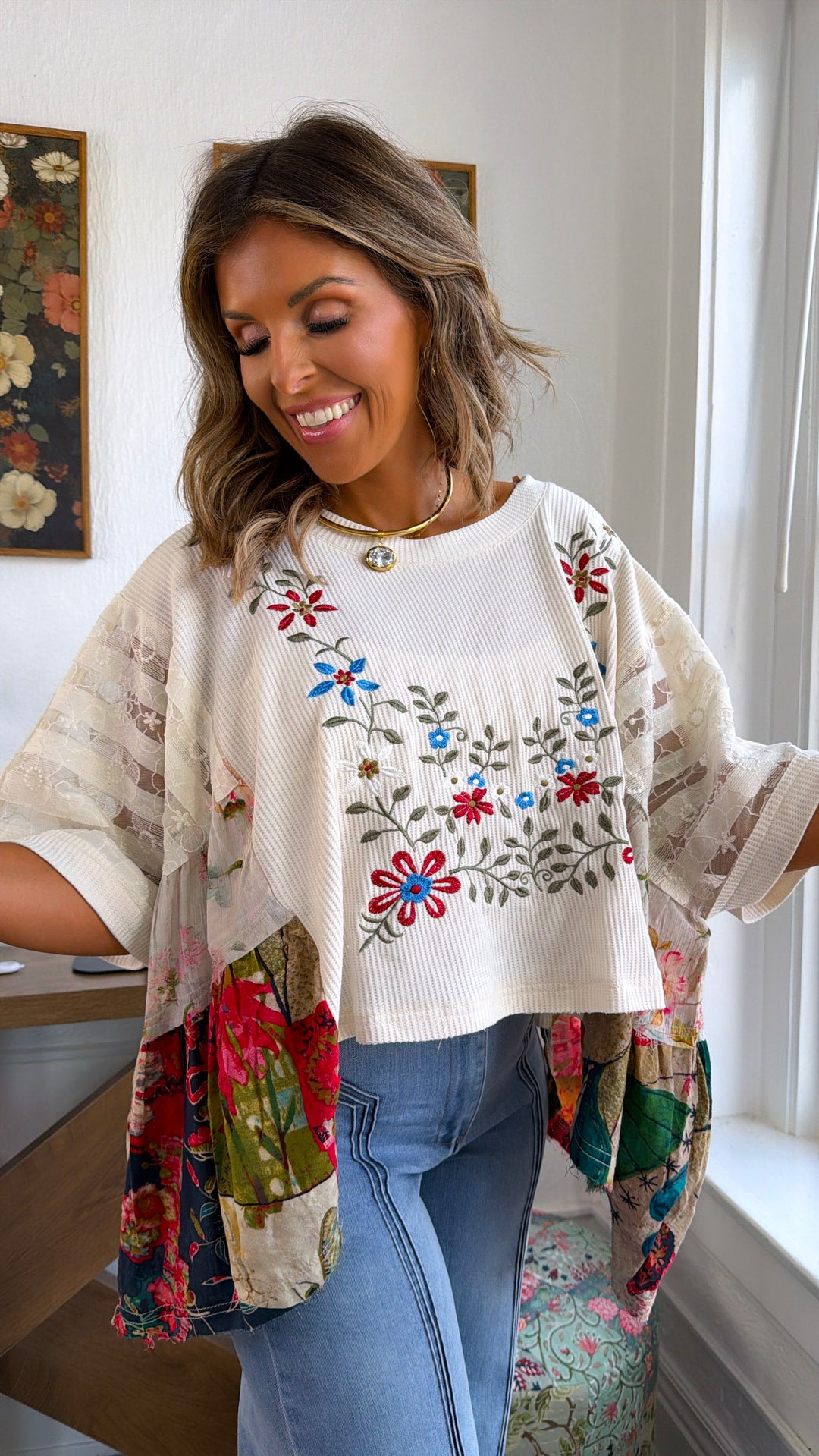 Gabriella Floral Top, Cream