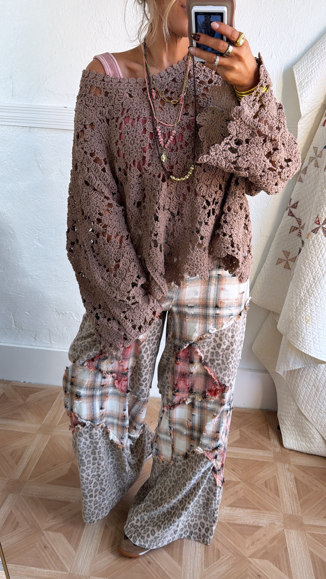 Scalloped Hem Crochet Sweater, Lt. Chocolate