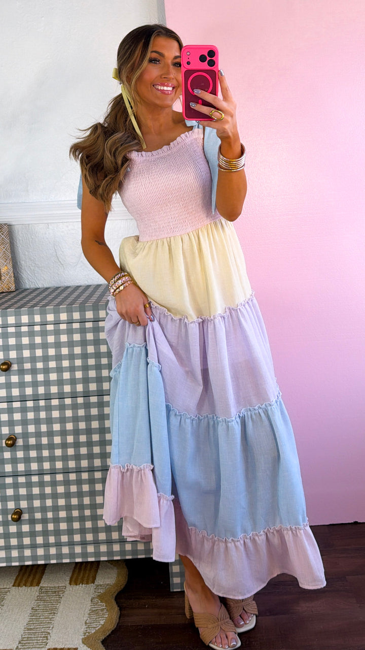 Sunset Rays Color block Maxi Dress, Pastel Multi