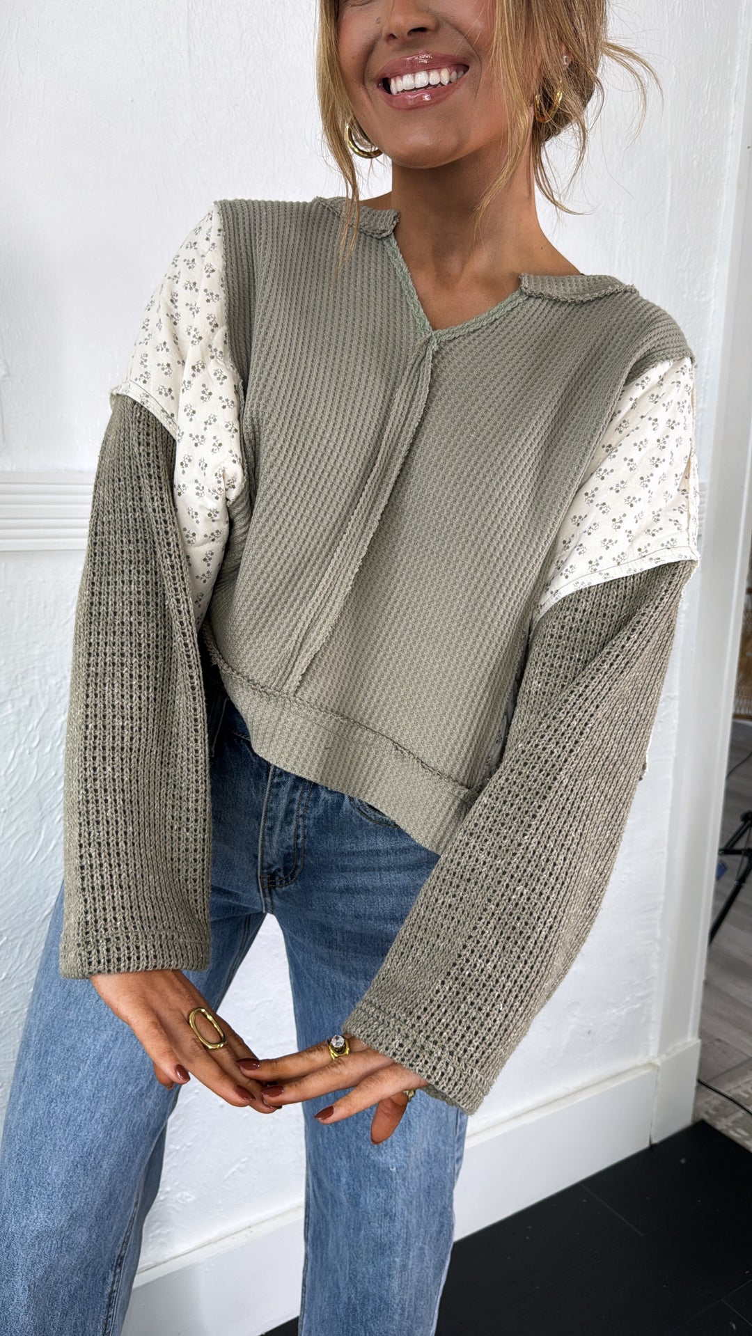 DOORBUSTER: POL Floral Sleeve Sweater, Olive