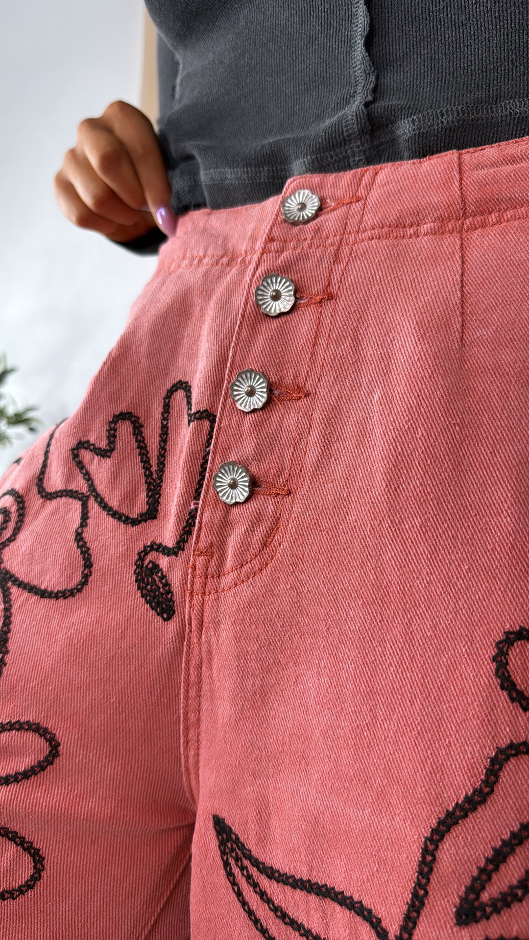 For The Love Of Floral Embroidered Denim Jogger, Dried Apple