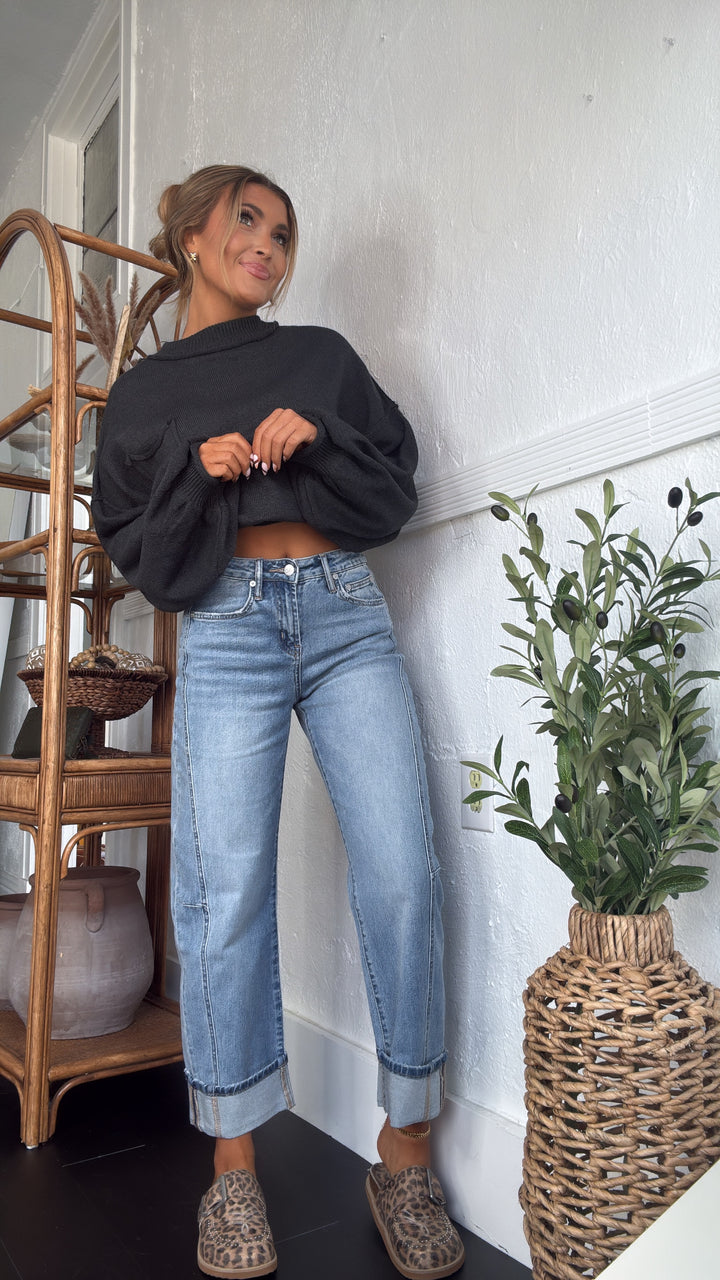 Elevated Basic Balloon Sleeve Sweater, Grey/Black