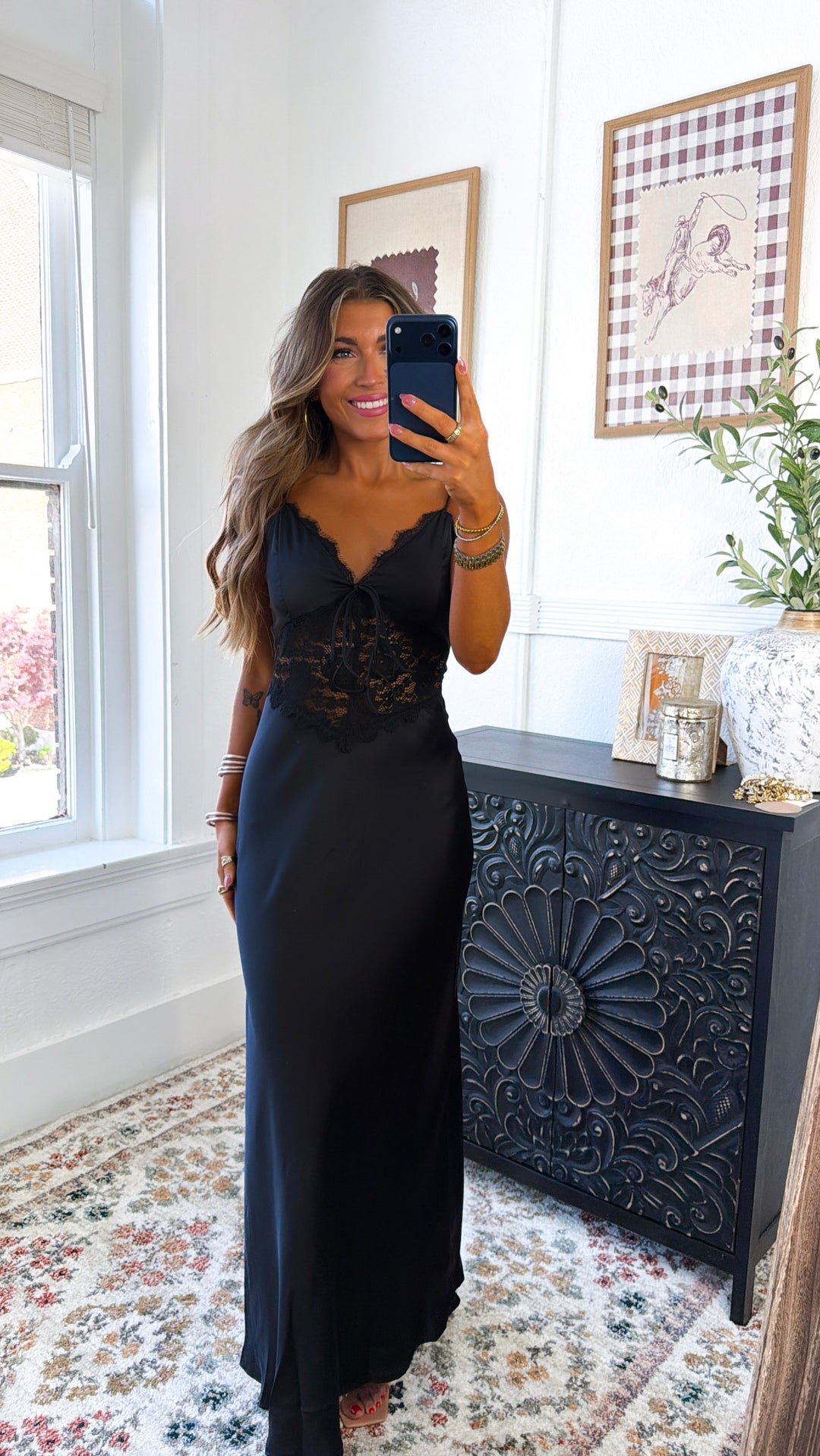 Zevrea Satin Lace Dress, Black