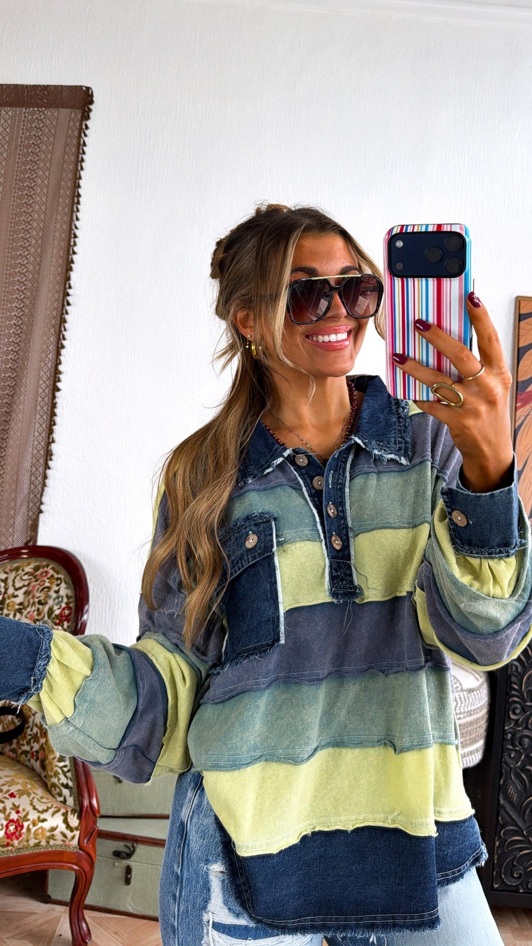 Breezy Nights Denim Stripe Top, Green Combo
