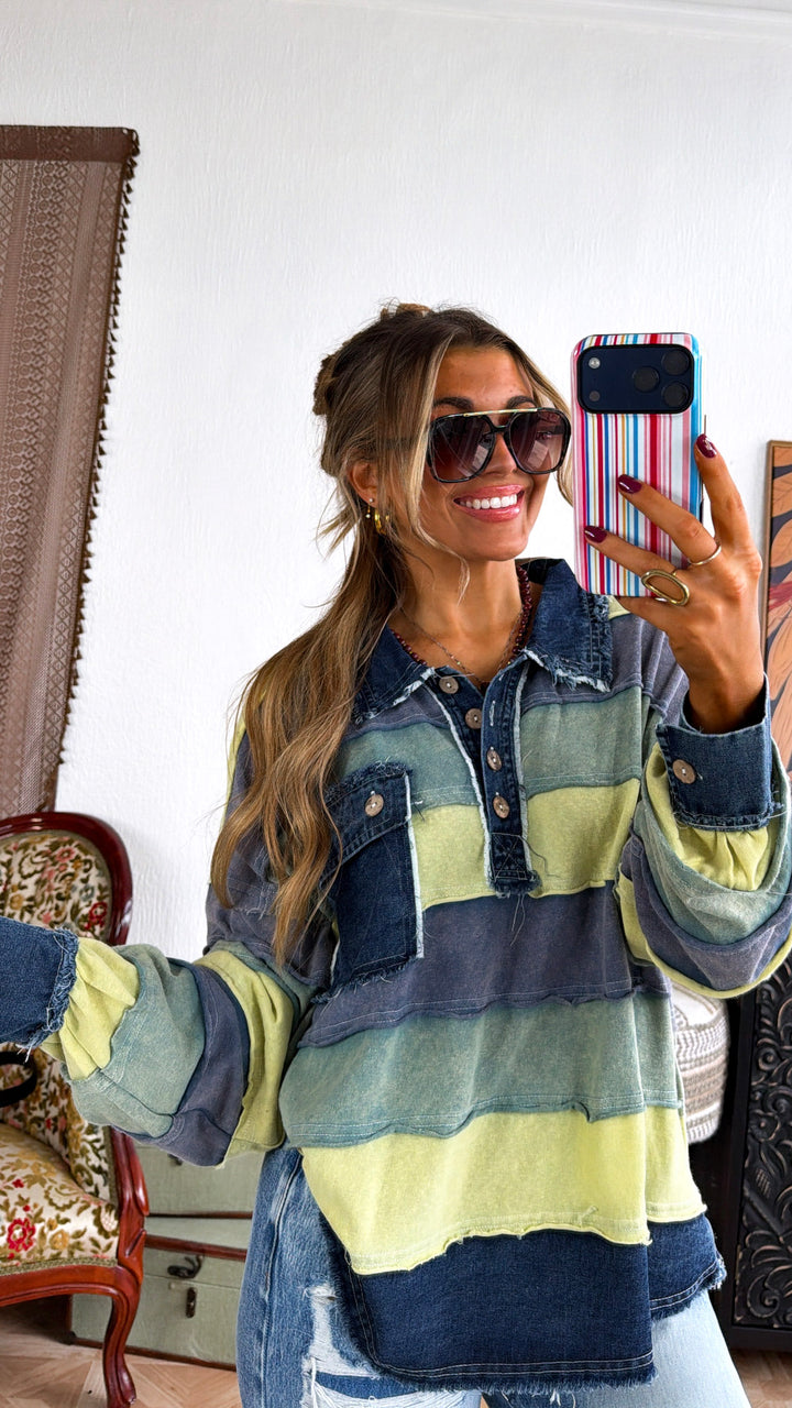 Breezy Nights Denim Stripe Top, Green Combo