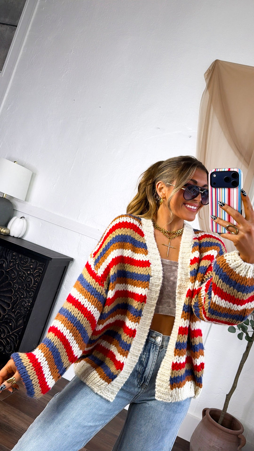 Afterglow Knit Cardigan, Cream/Navy/Red