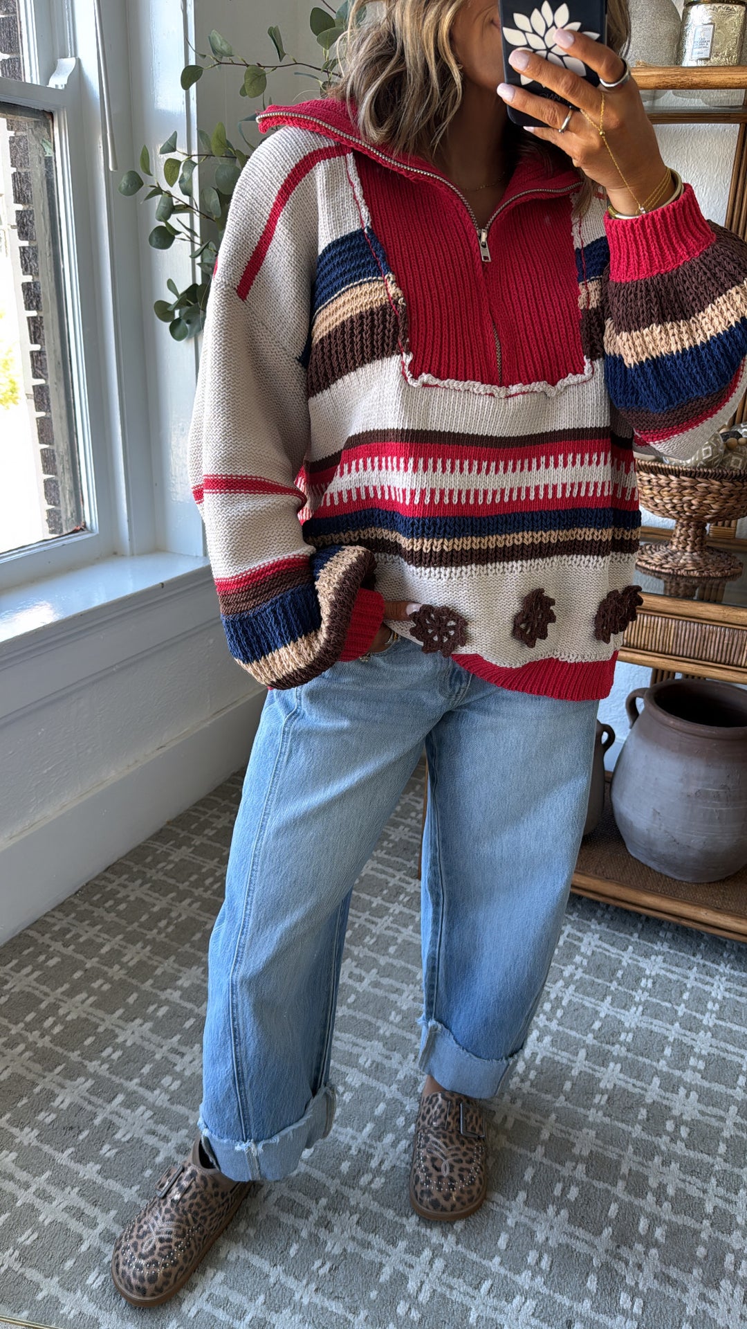 The Cabin Half Zip, Sand/Red Multi