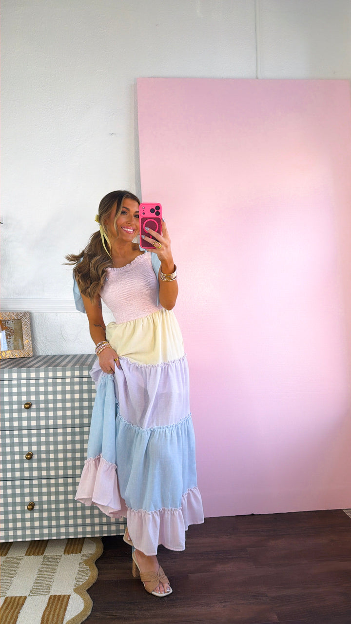 Sunset Rays Color block Maxi Dress, Pastel Multi