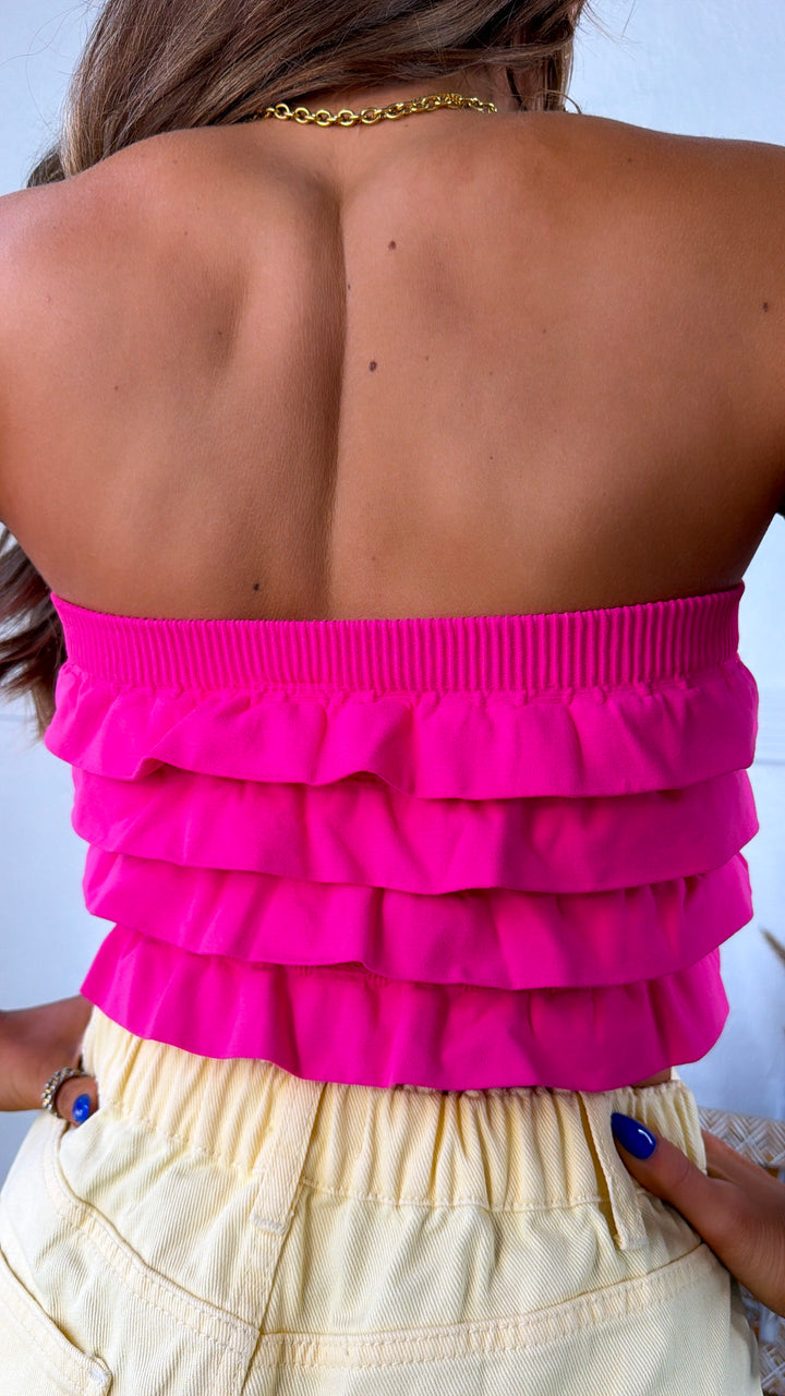 Layered Ruffled Tube Top, Aloha Fuchsia