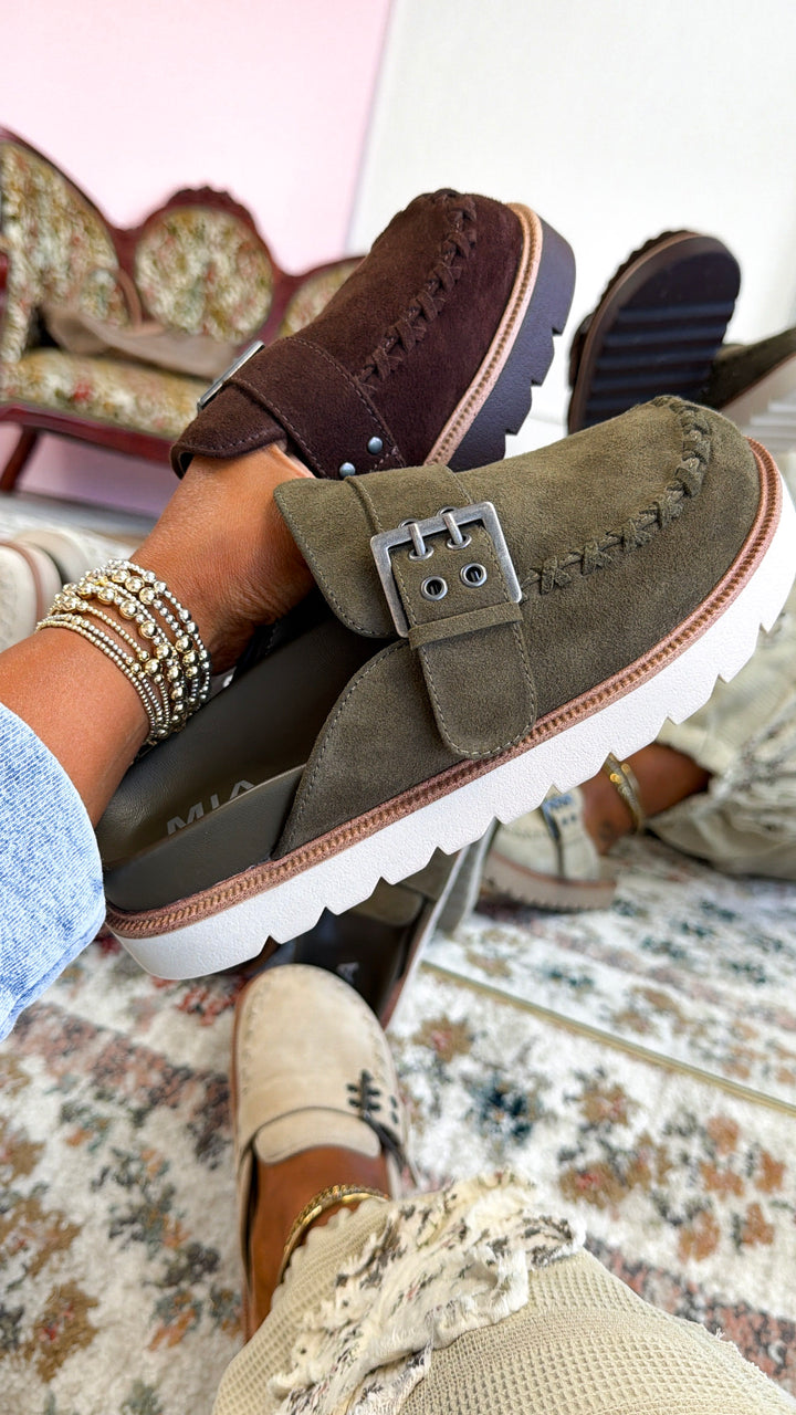 Zamara Suede Buckle Clog, Olive