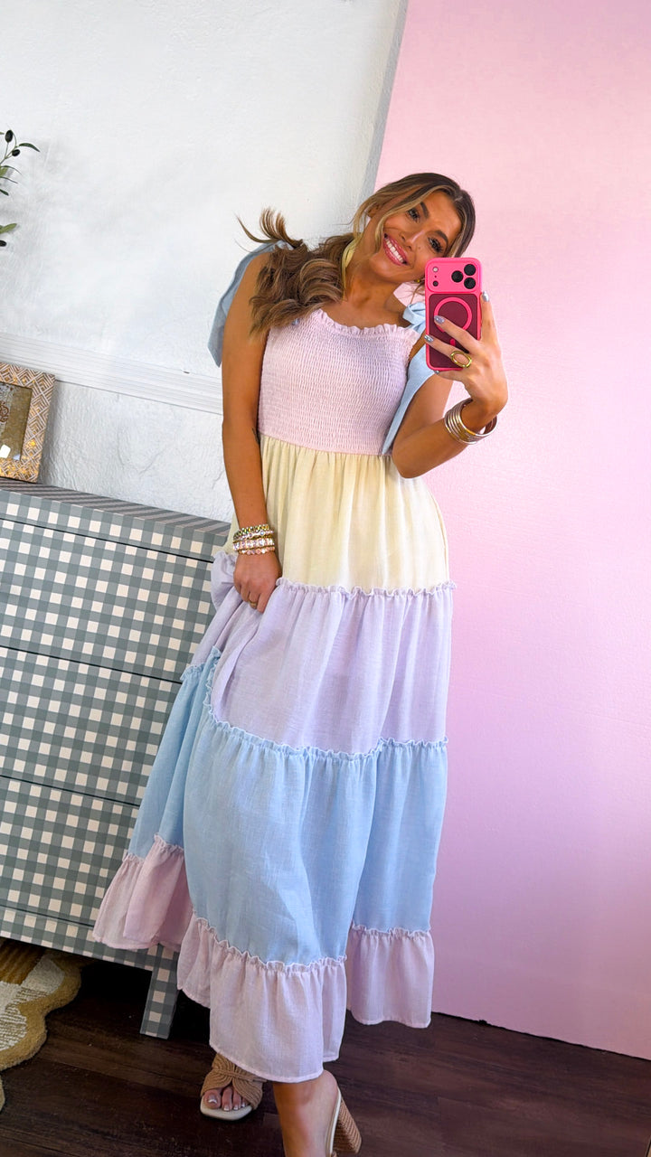 Sunset Rays Color block Maxi Dress, Pastel Multi