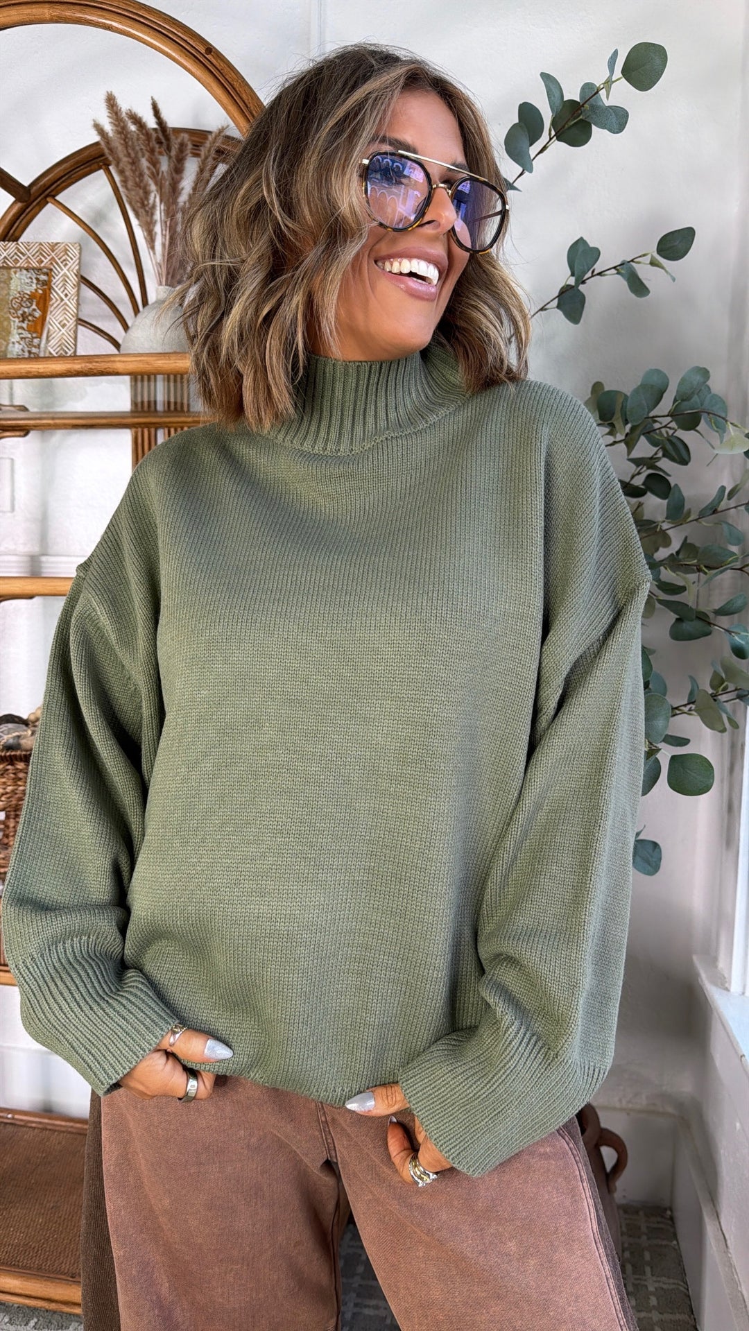 Soft Ember Mock Neck Sweater, Olive