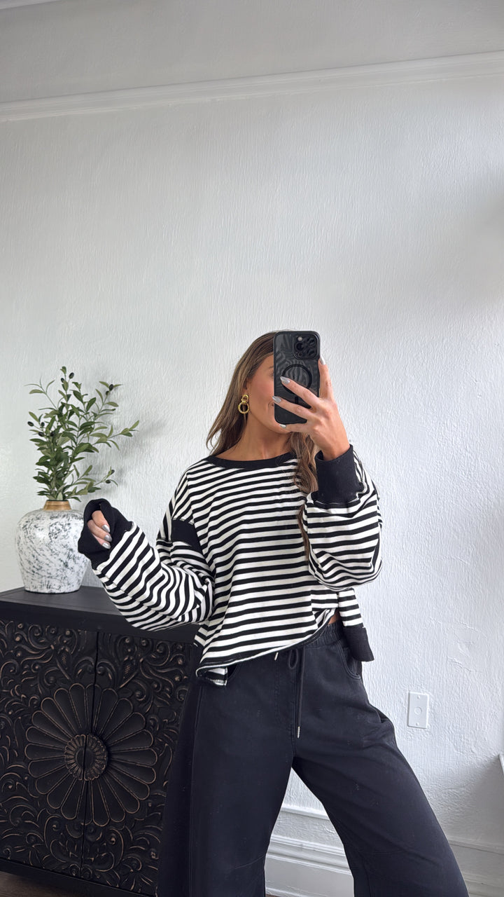 All About Balance Striped Top, Black/Ivory
