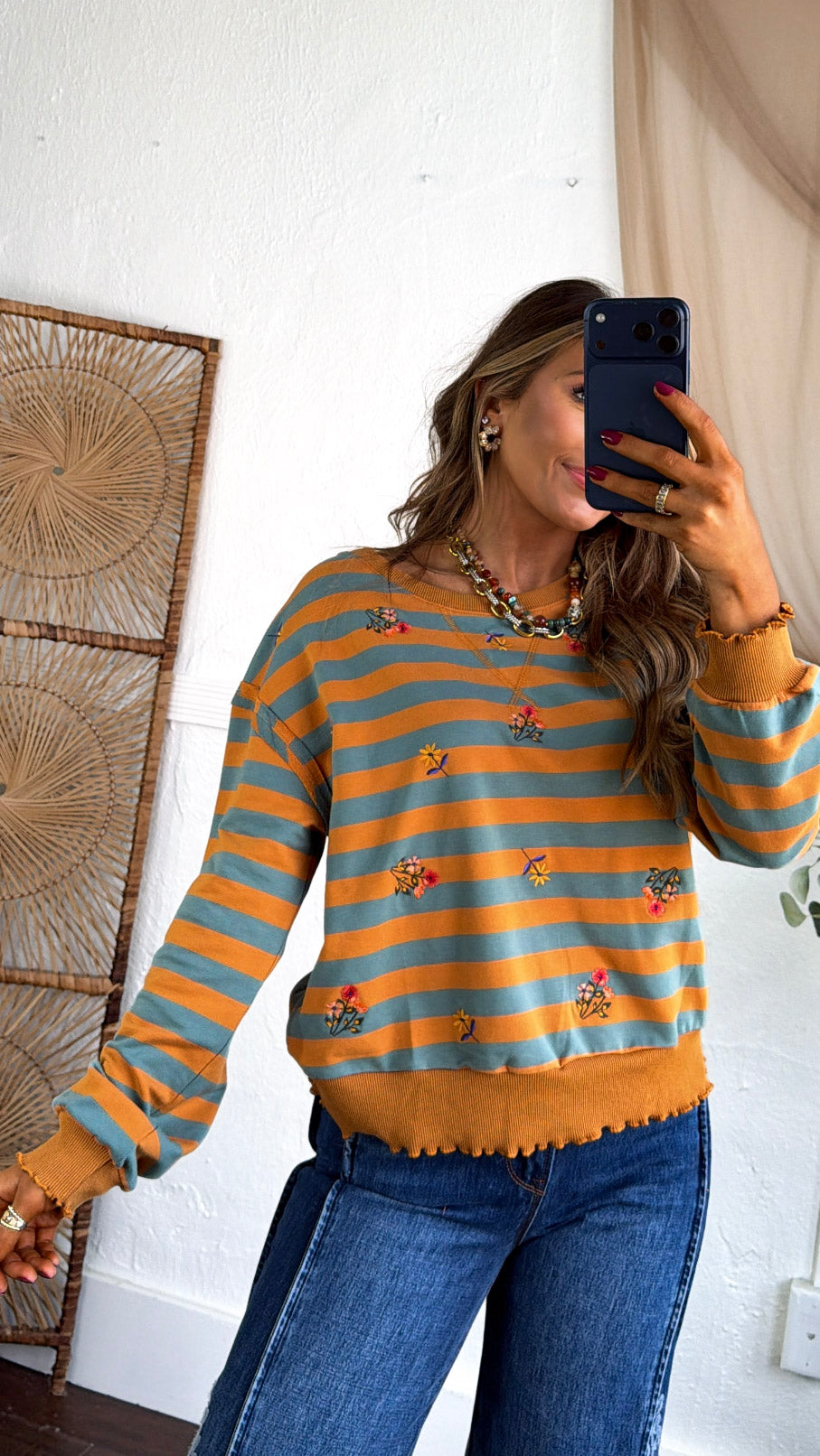 Brushwood Embroidered Sweatshirt, Pumpkin/ Teal