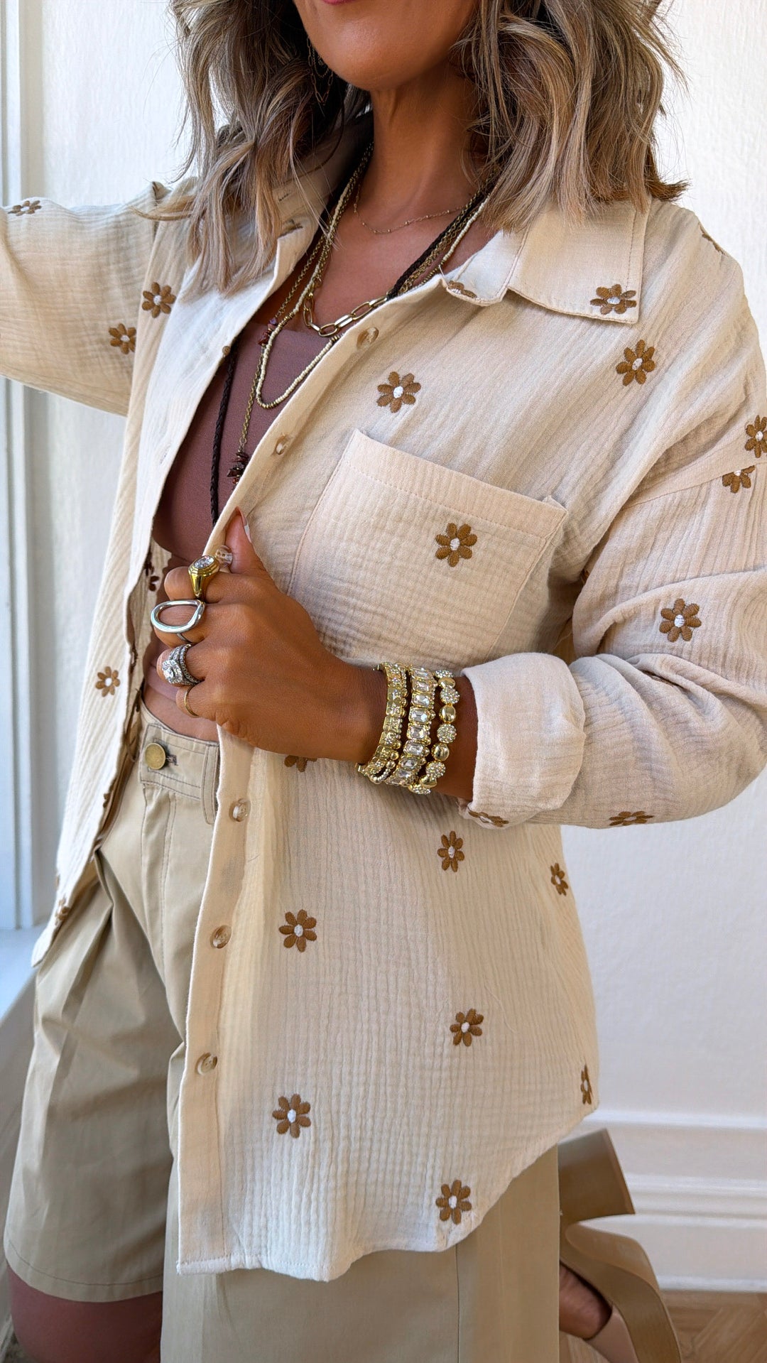 Floral Days Button Up, Taupe/Brown