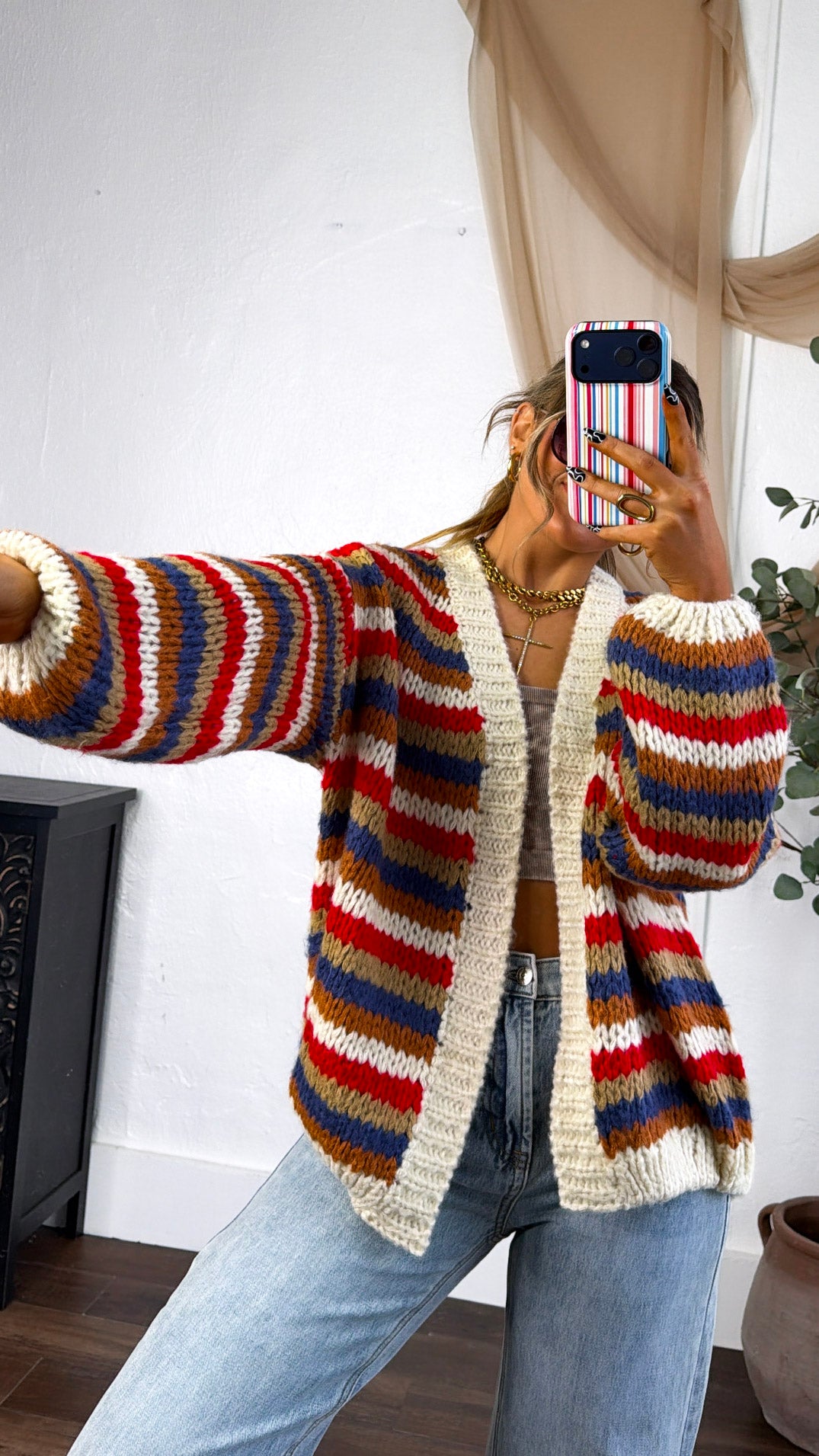 Afterglow Knit Cardigan, Cream/Navy/Red