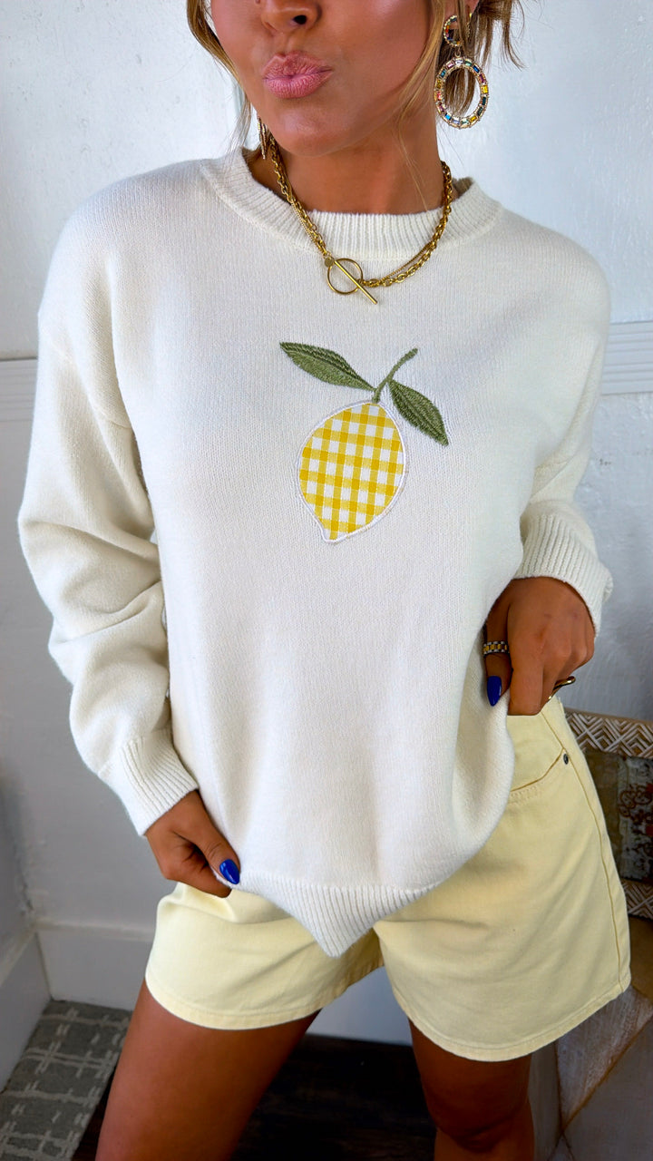 Gingham Lemon Sweater, Cream