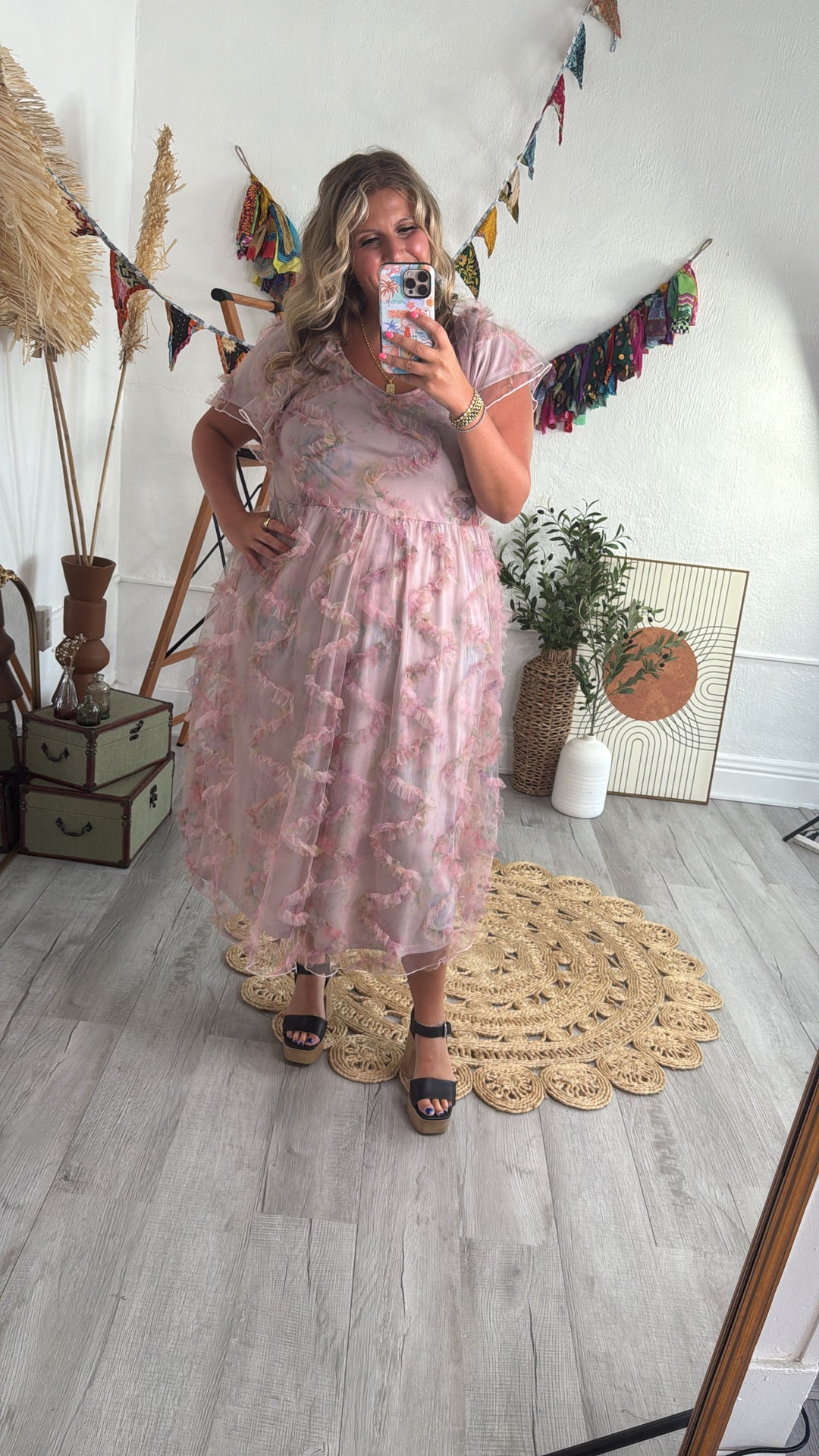Floral Tulle Maxi Dress, Pink Floral Tulle Maxi Dress, Pink