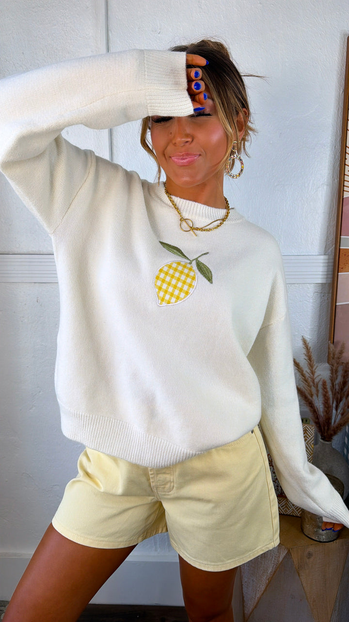 Gingham Lemon Sweater, Cream