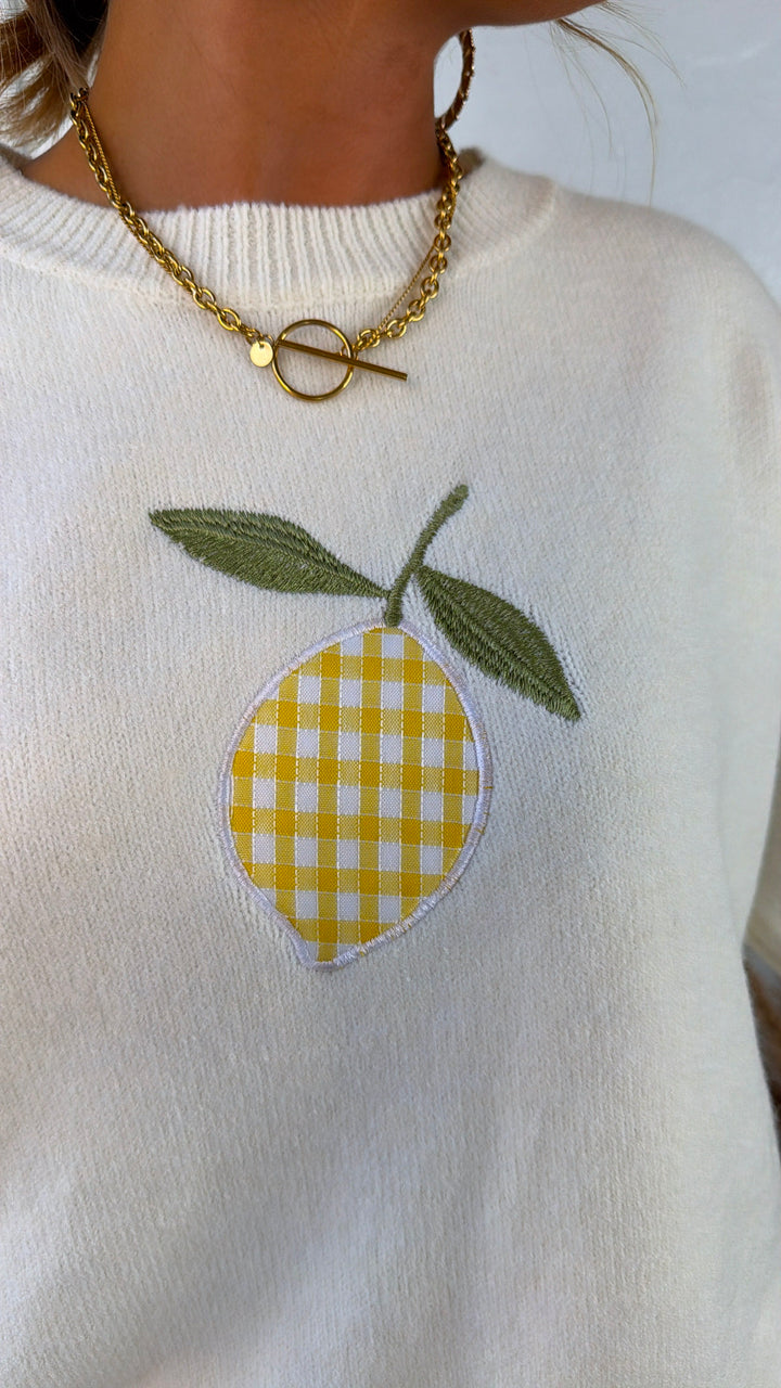 Gingham Lemon Sweater, Cream