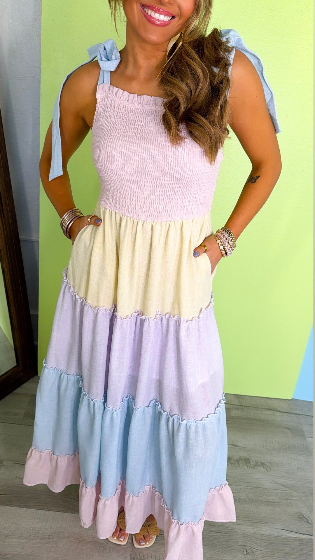 Sunset Rays Color block Maxi Dress, Pastel Multi