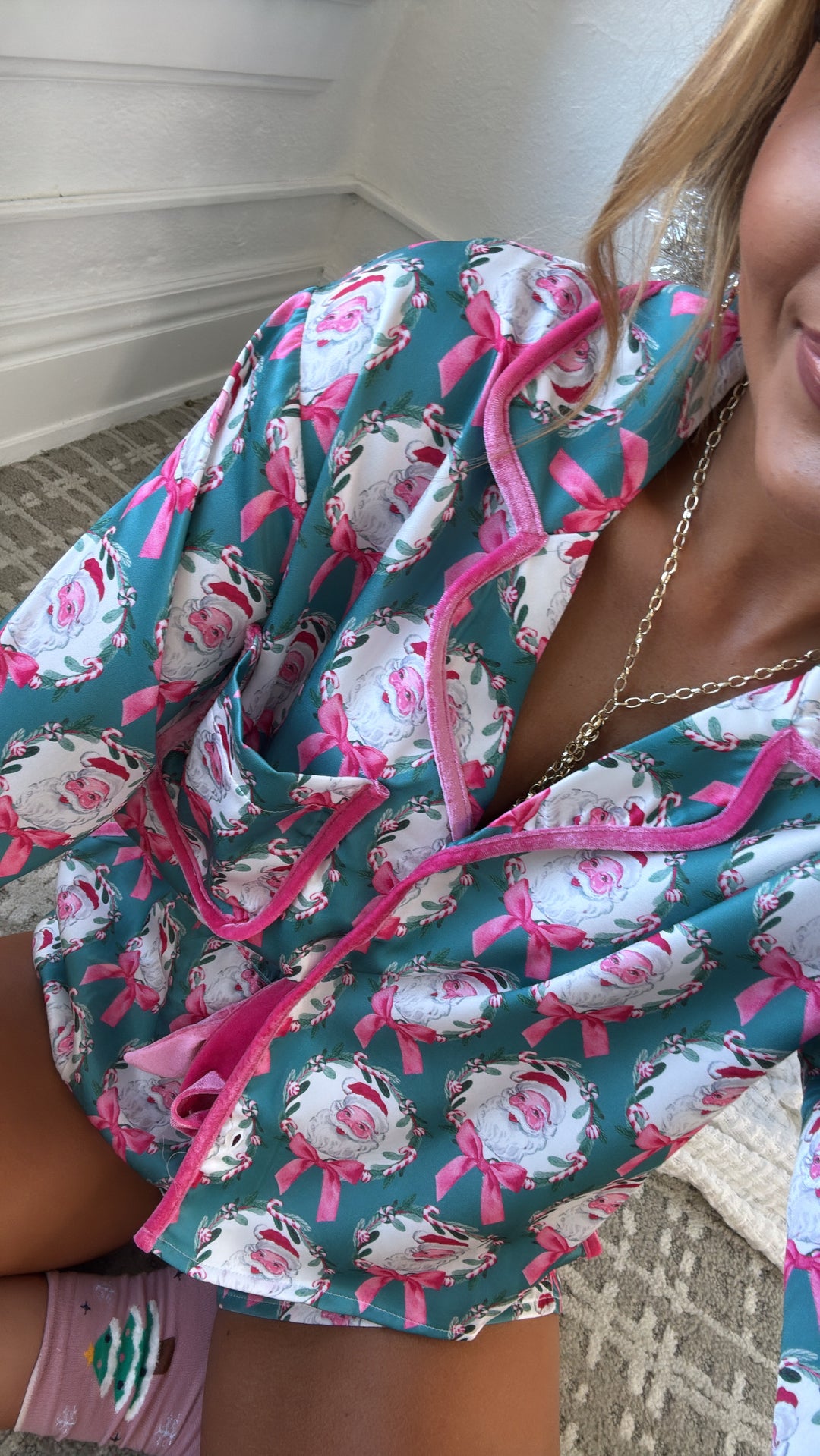 Season Greetings Silk Santa Bow Pajama Set, Teal