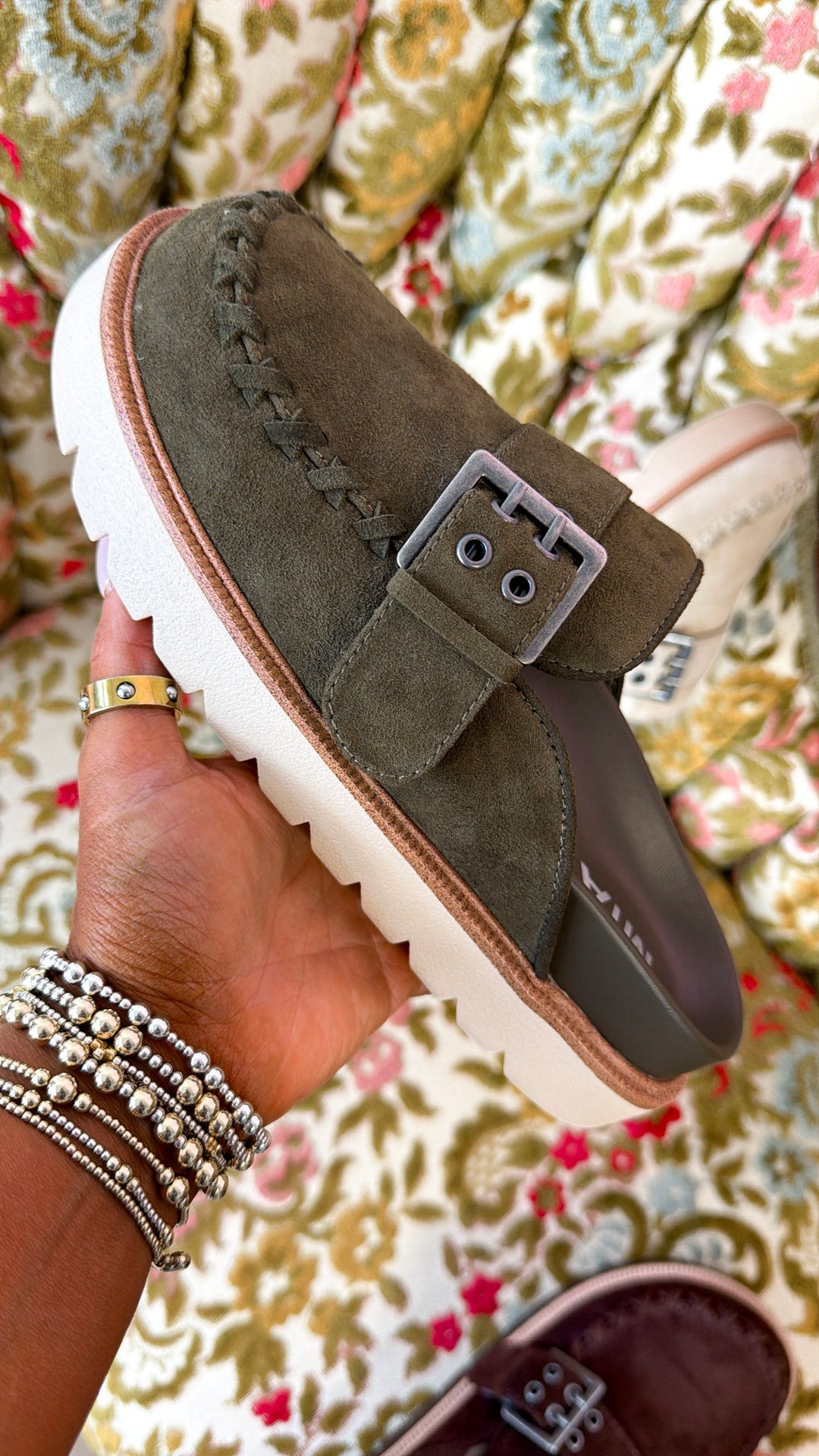 Zamara Suede Buckle Clog, Olive